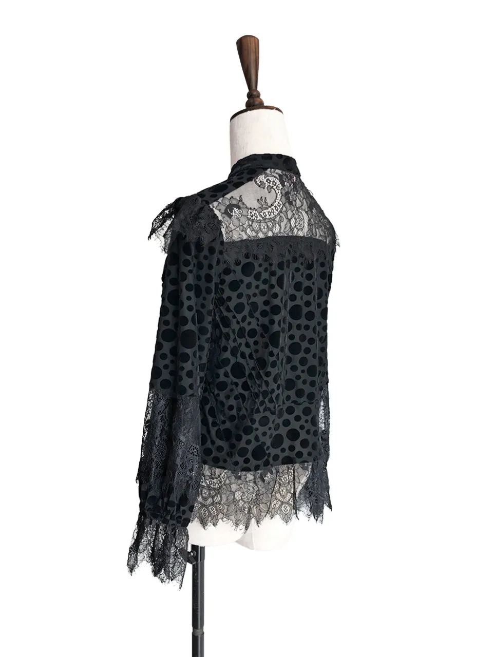 Further Sale! Velvet Dotty Black Eyelash Lace Trim Long Sleeve Blouse