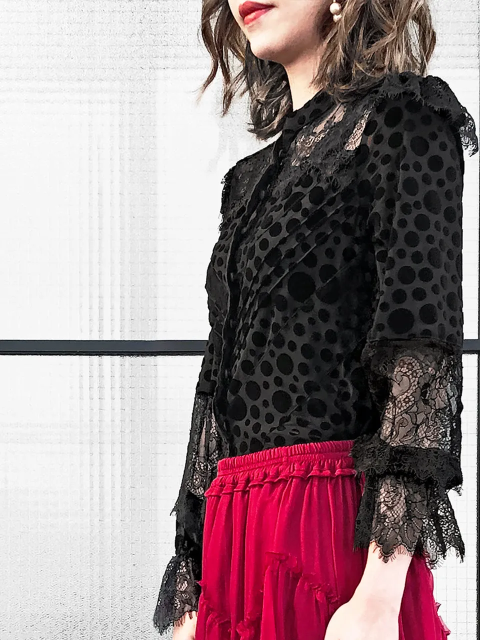 Further Sale! Velvet Dotty Black Eyelash Lace Trim Long Sleeve Blouse