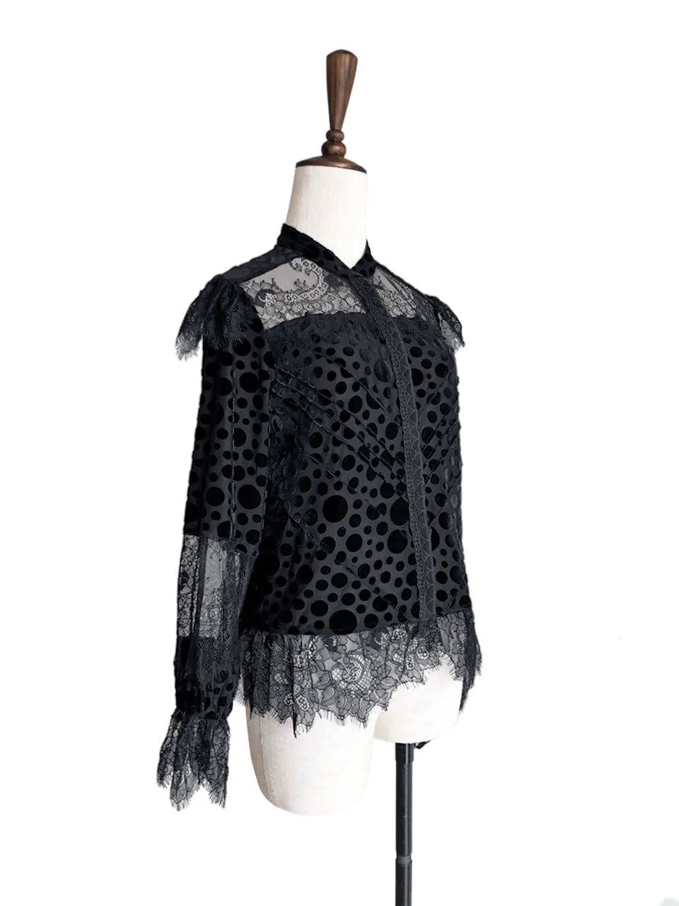 Further Sale! Velvet Dotty Black Eyelash Lace Trim Long Sleeve Blouse