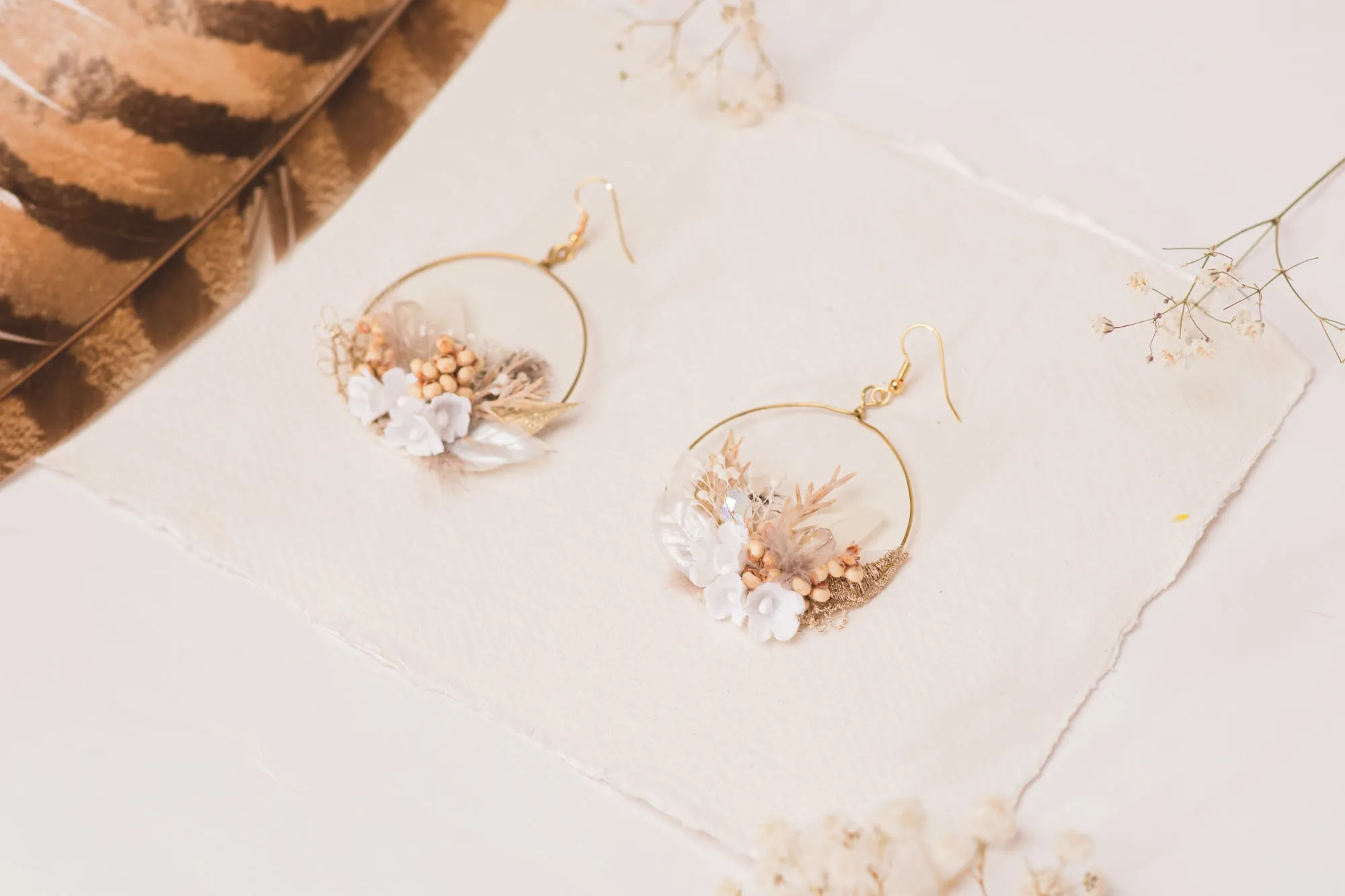 Glamour 2021 wedding white and golden flower earrings Glam Bridal Circle dangle earrings Handmade dried flower jewelry Magaela