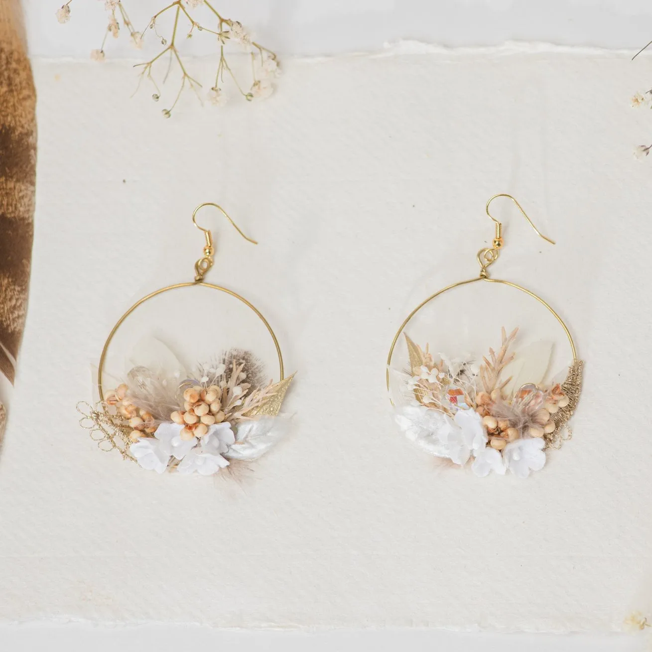 Glamour 2021 wedding white and golden flower earrings Glam Bridal Circle dangle earrings Handmade dried flower jewelry Magaela