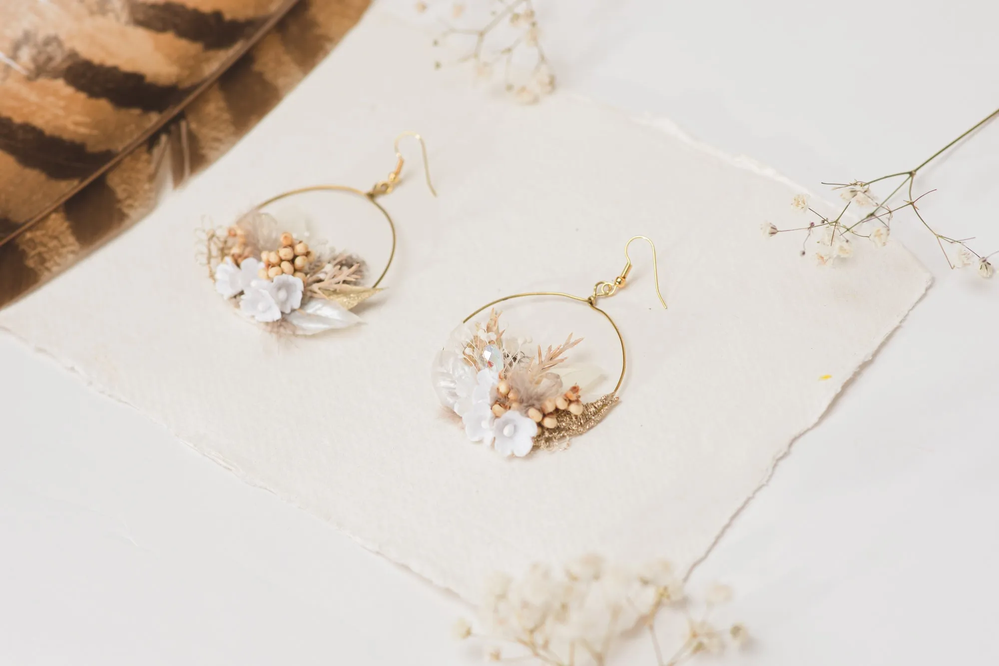 Glamour 2021 wedding white and golden flower earrings Glam Bridal Circle dangle earrings Handmade dried flower jewelry Magaela