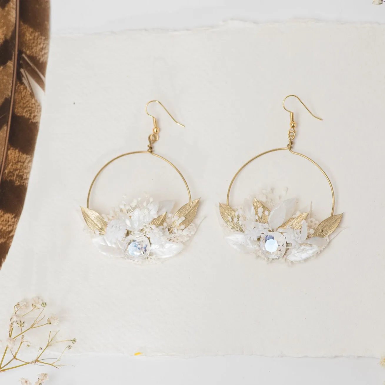 Glamour 2021 wedding white and golden flower earrings Glam Crystals Bridal Circle dangle earrings Handmade dried flower jewelry Magaela