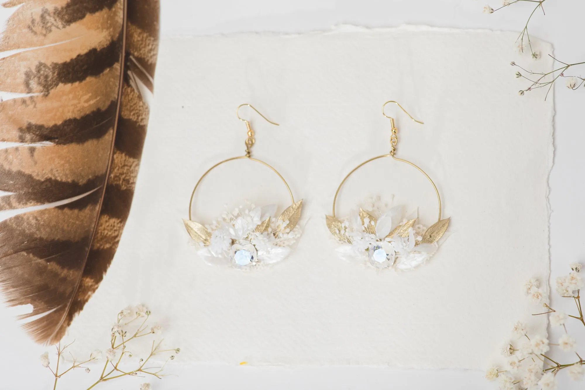 Glamour 2021 wedding white and golden flower earrings Glam Crystals Bridal Circle dangle earrings Handmade dried flower jewelry Magaela