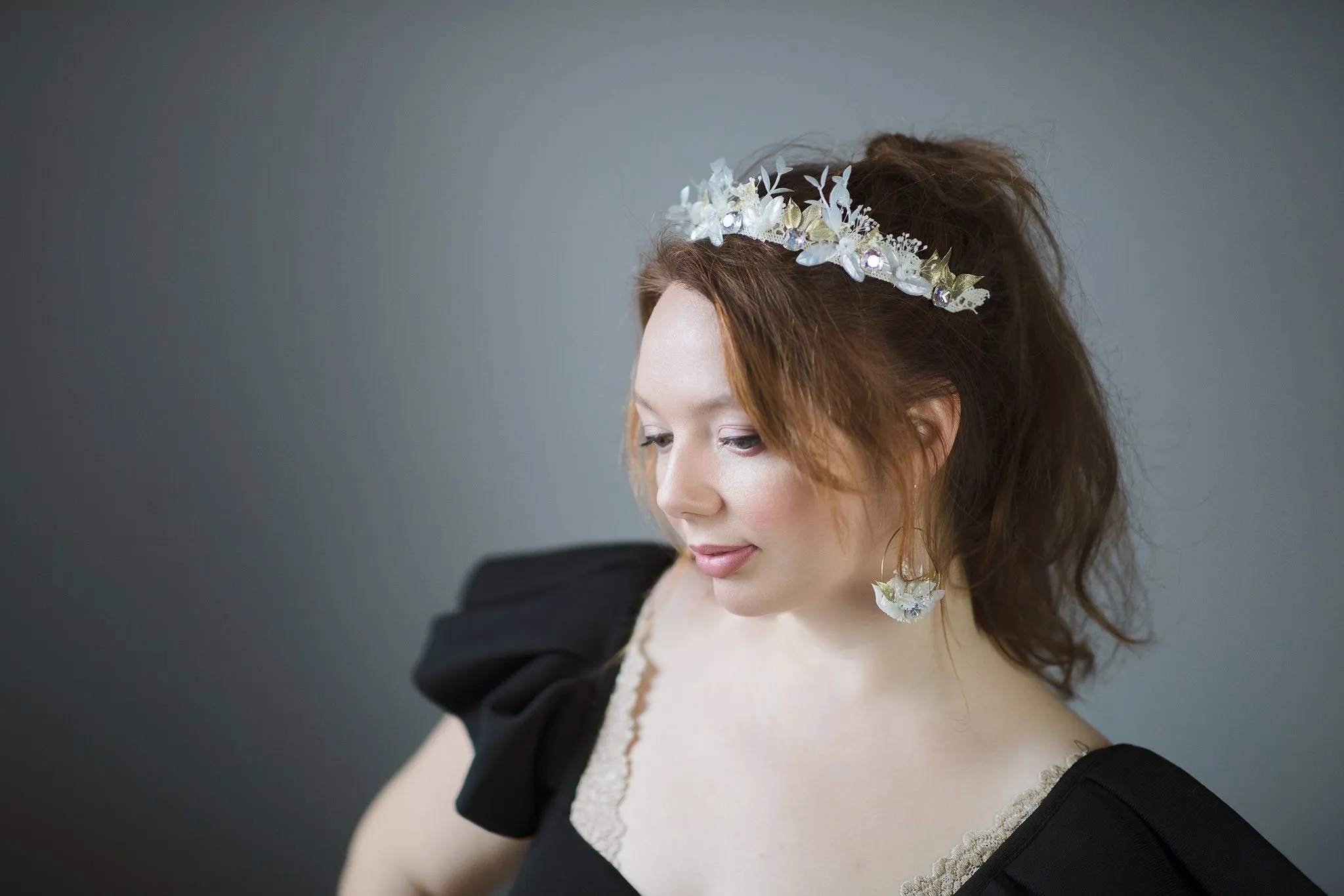 Glamour 2021 wedding white and golden flower earrings Glam Crystals Bridal Circle dangle earrings Handmade dried flower jewelry Magaela