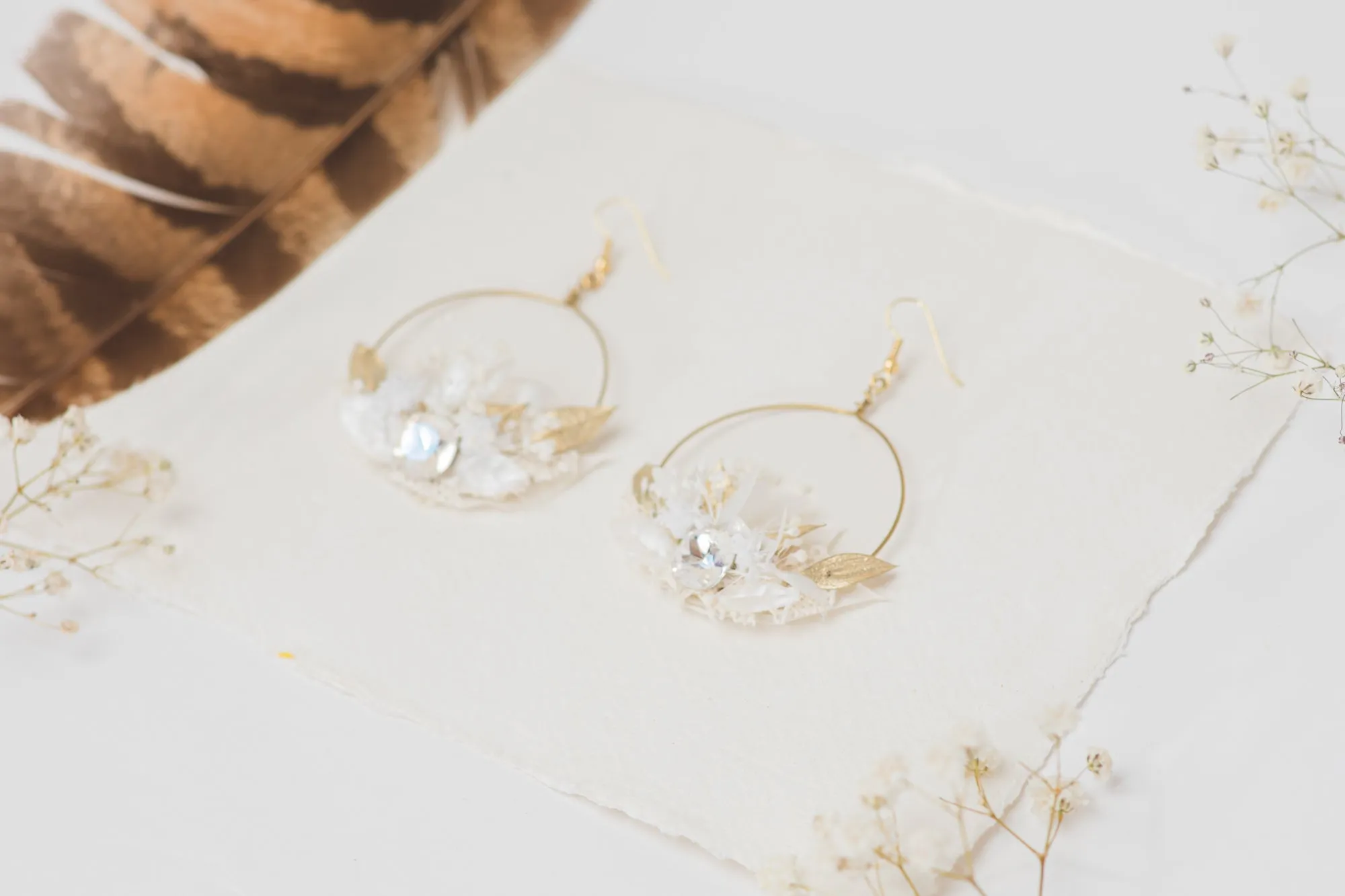Glamour 2021 wedding white and golden flower earrings Glam Crystals Bridal Circle dangle earrings Handmade dried flower jewelry Magaela