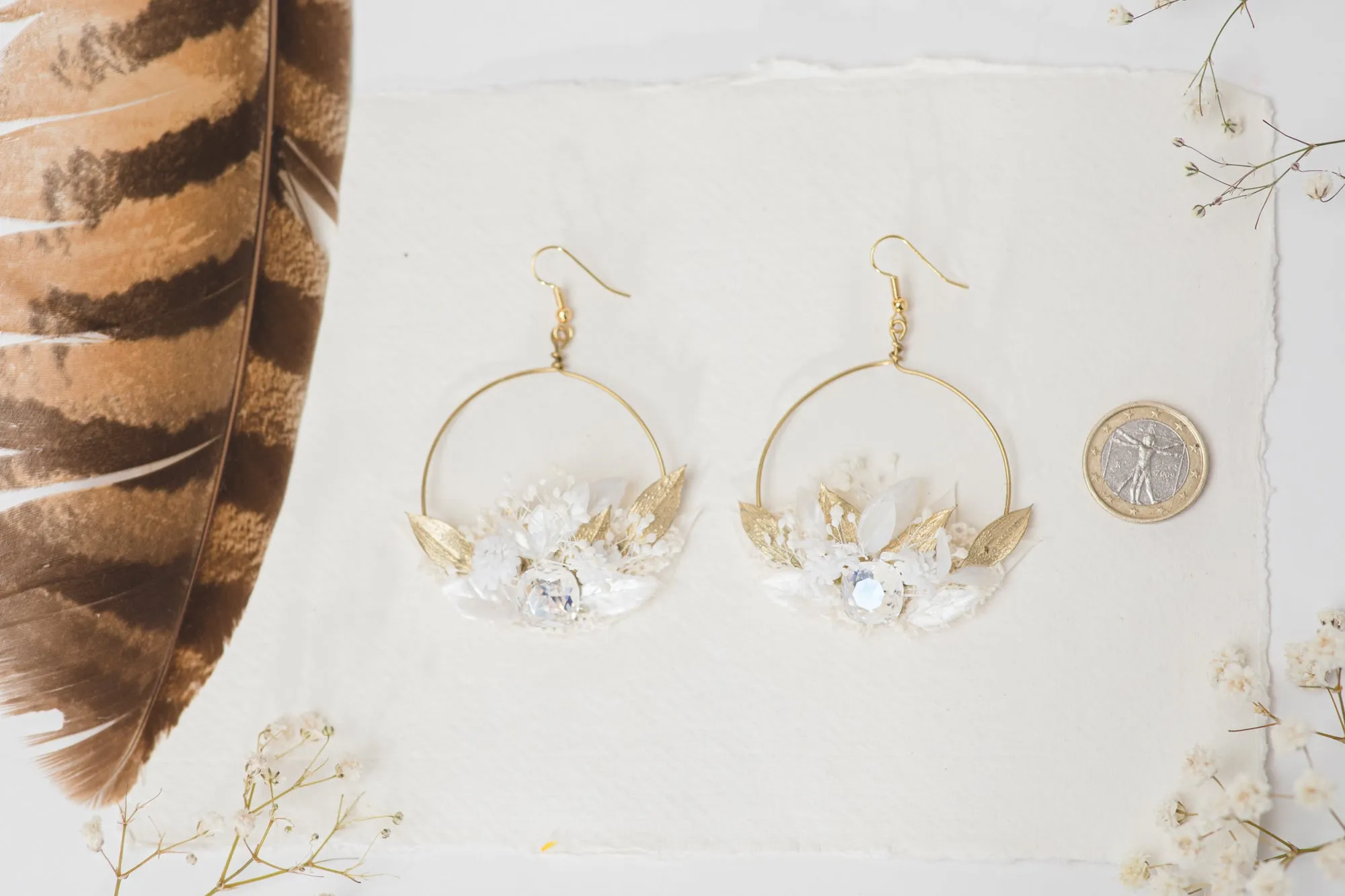 Glamour 2021 wedding white and golden flower earrings Glam Crystals Bridal Circle dangle earrings Handmade dried flower jewelry Magaela