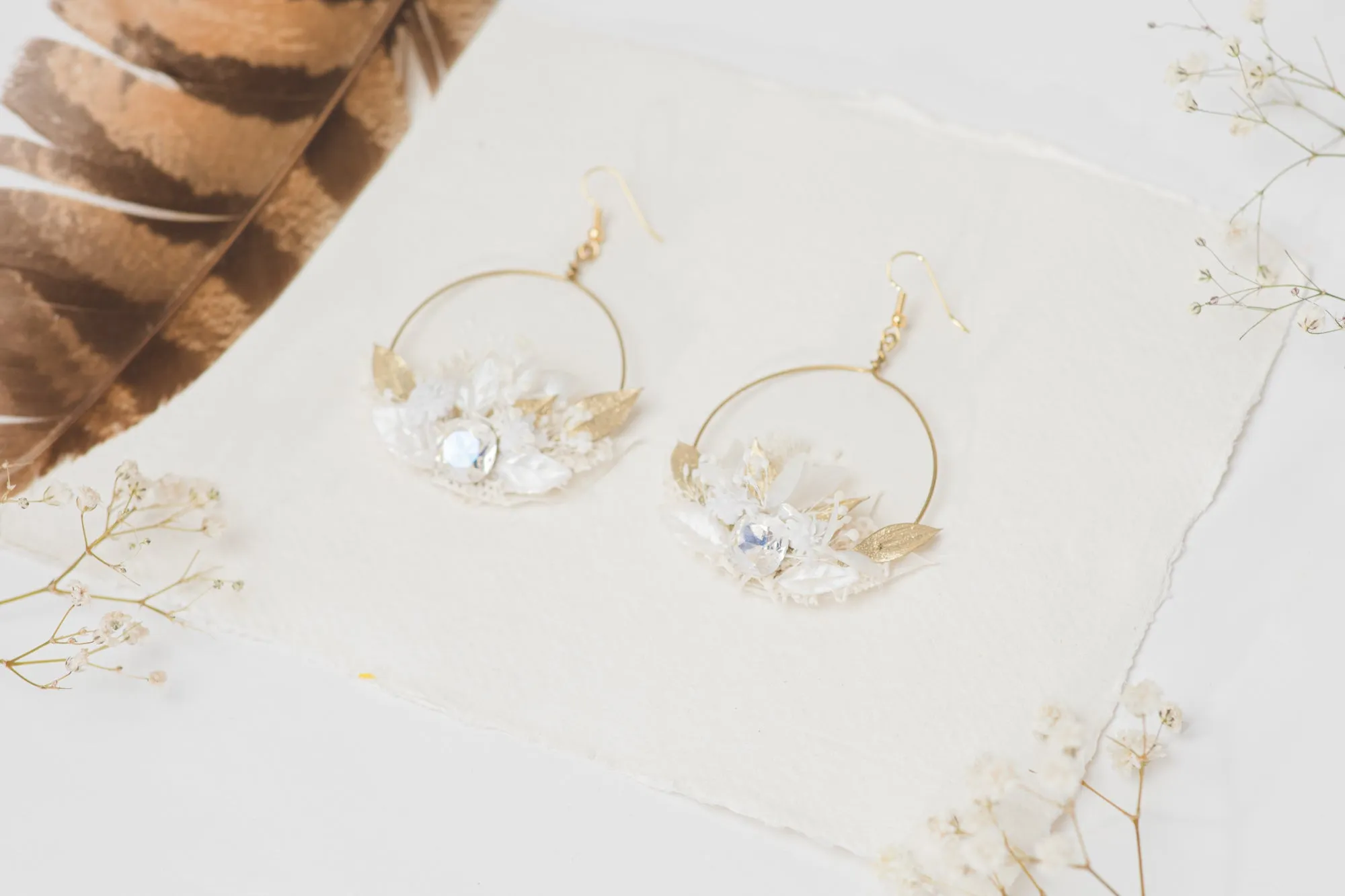 Glamour 2021 wedding white and golden flower earrings Glam Crystals Bridal Circle dangle earrings Handmade dried flower jewelry Magaela