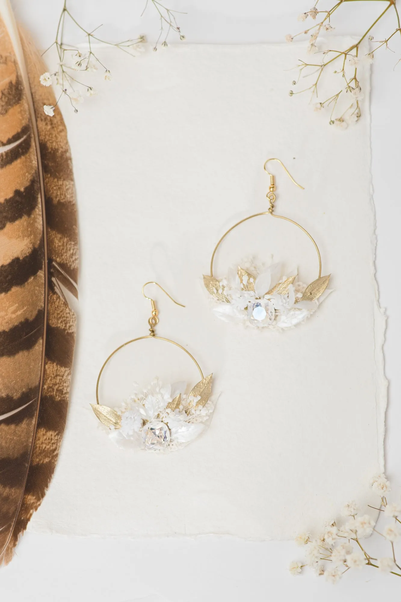 Glamour 2021 wedding white and golden flower earrings Glam Crystals Bridal Circle dangle earrings Handmade dried flower jewelry Magaela