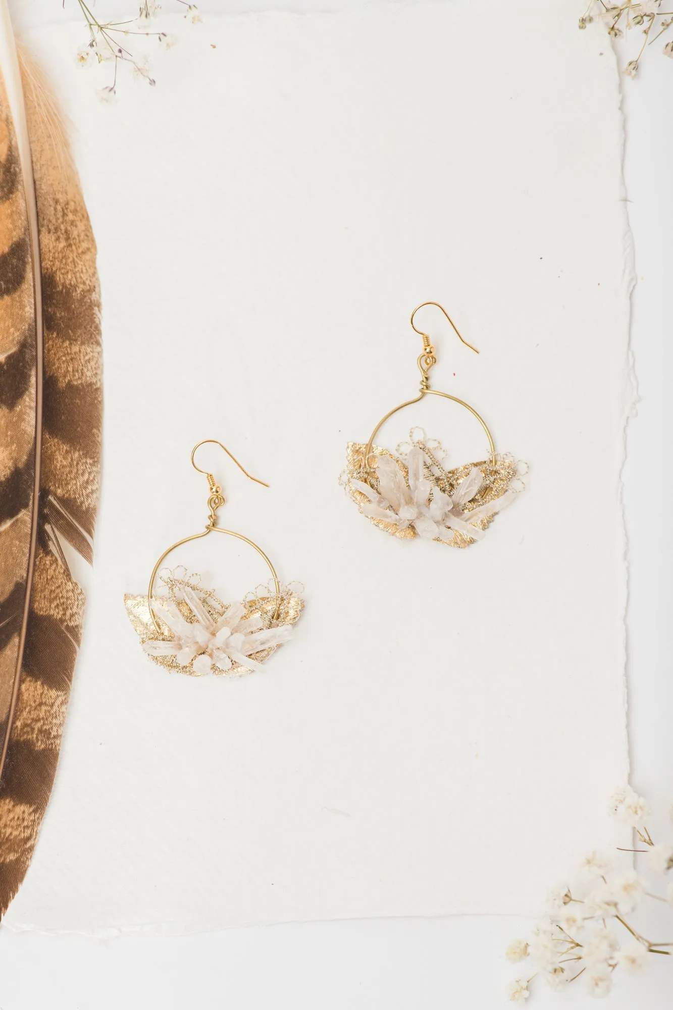 Golden circle dangle earrings with crystals Flower earrings Beige Gold Bridal earrings 2021 elegant earrings Jewellery for bride Handmade