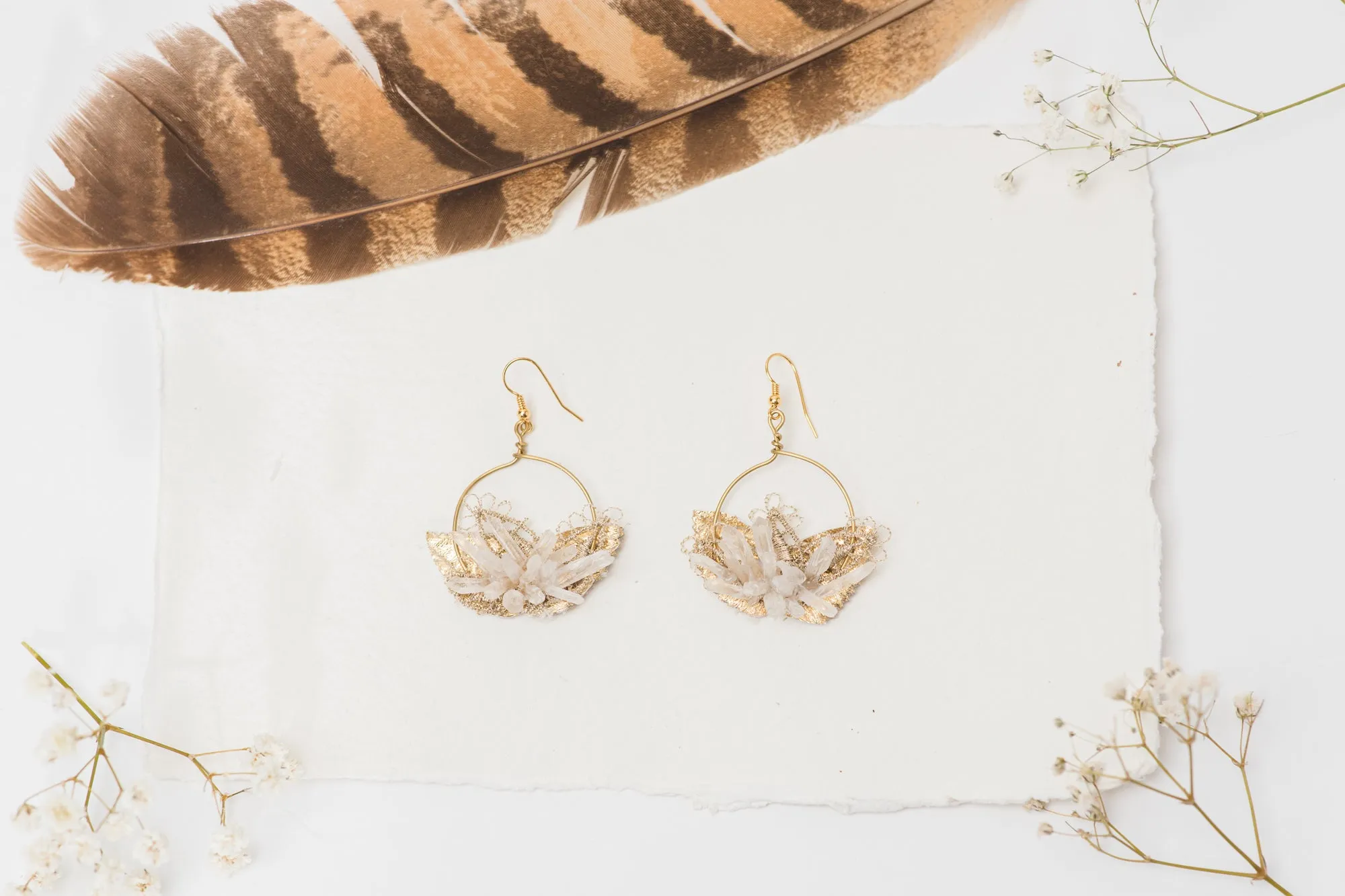Golden circle dangle earrings with crystals Flower earrings Beige Gold Bridal earrings 2021 elegant earrings Jewellery for bride Handmade