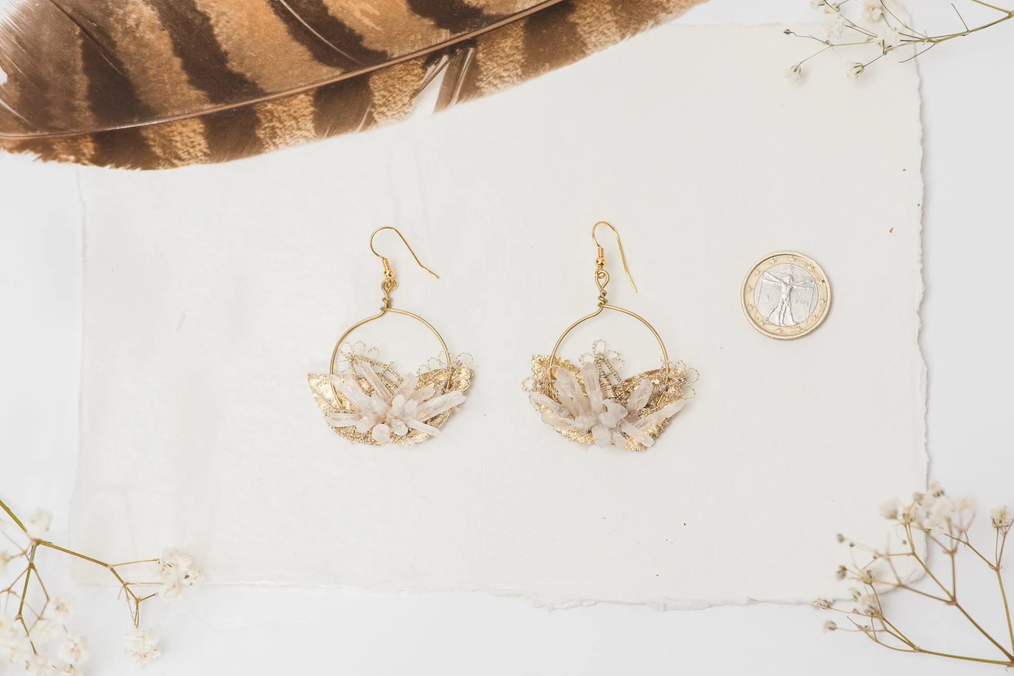 Golden circle dangle earrings with crystals Flower earrings Beige Gold Bridal earrings 2021 elegant earrings Jewellery for bride Handmade