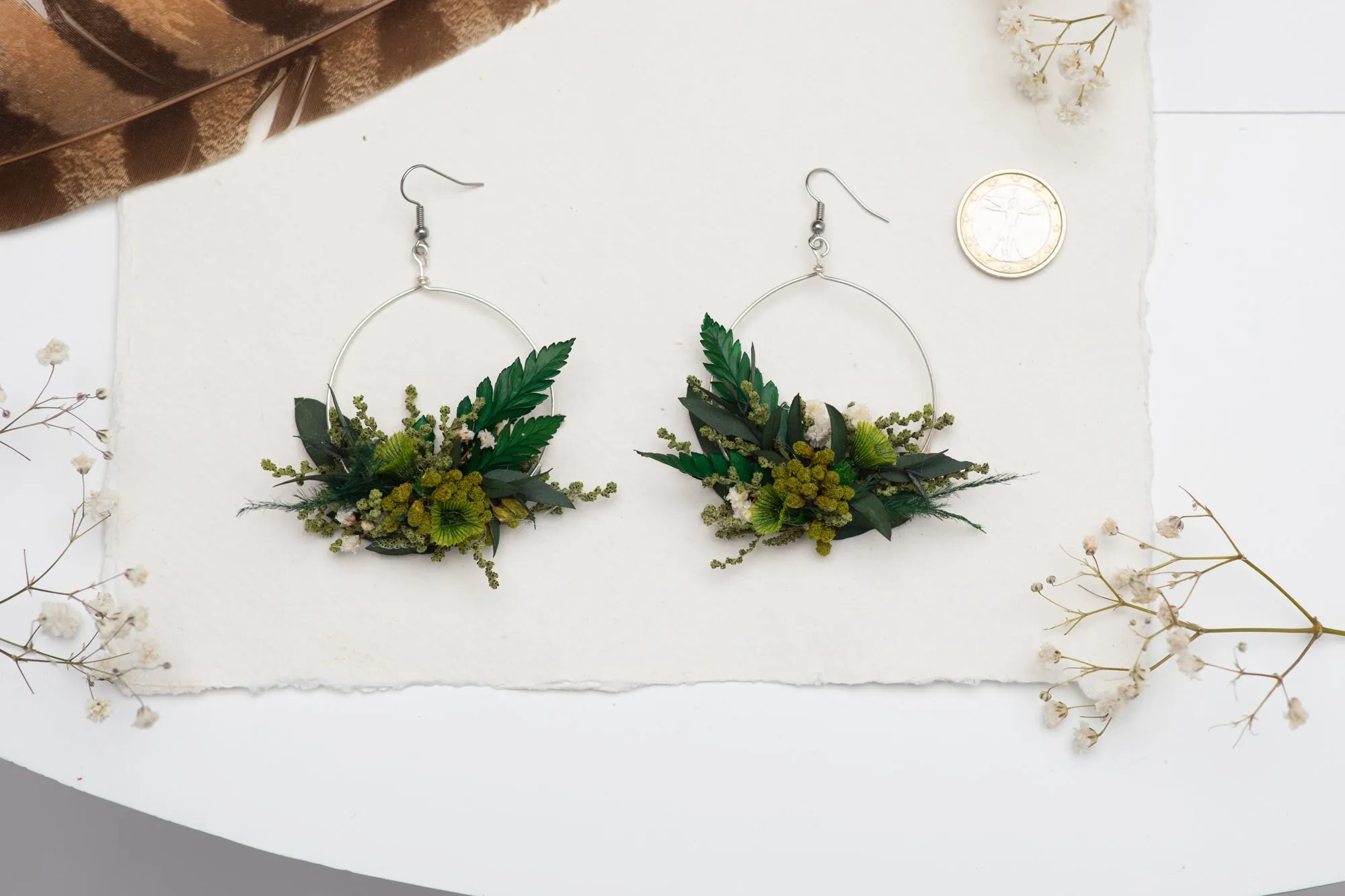 Greenery surgical steel circle dangle earrings Flower silver earrings for bride Dried flowers Magaela handmade Baby's breath