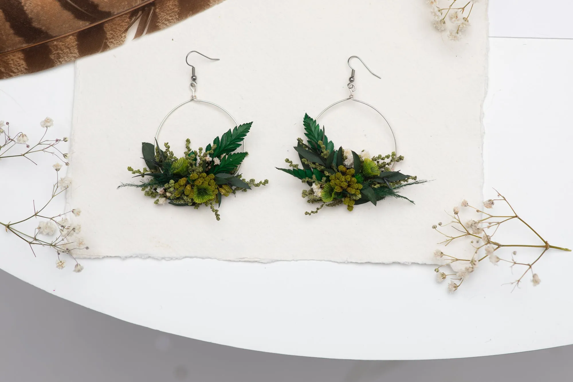 Greenery surgical steel circle dangle earrings Flower silver earrings for bride Dried flowers Magaela handmade Baby's breath
