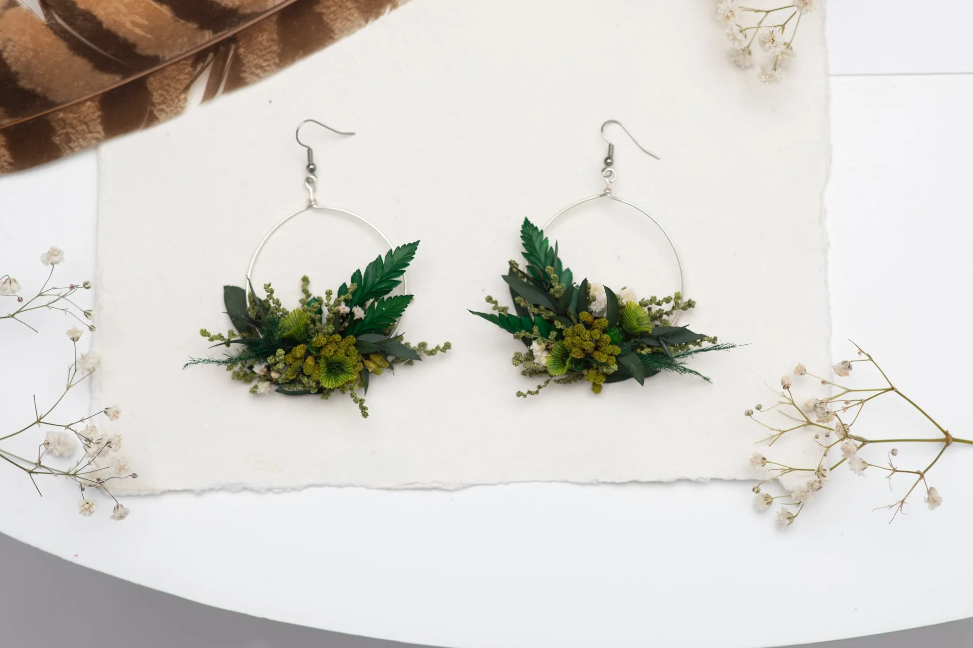 Greenery surgical steel circle dangle earrings Flower silver earrings for bride Dried flowers Magaela handmade Baby's breath