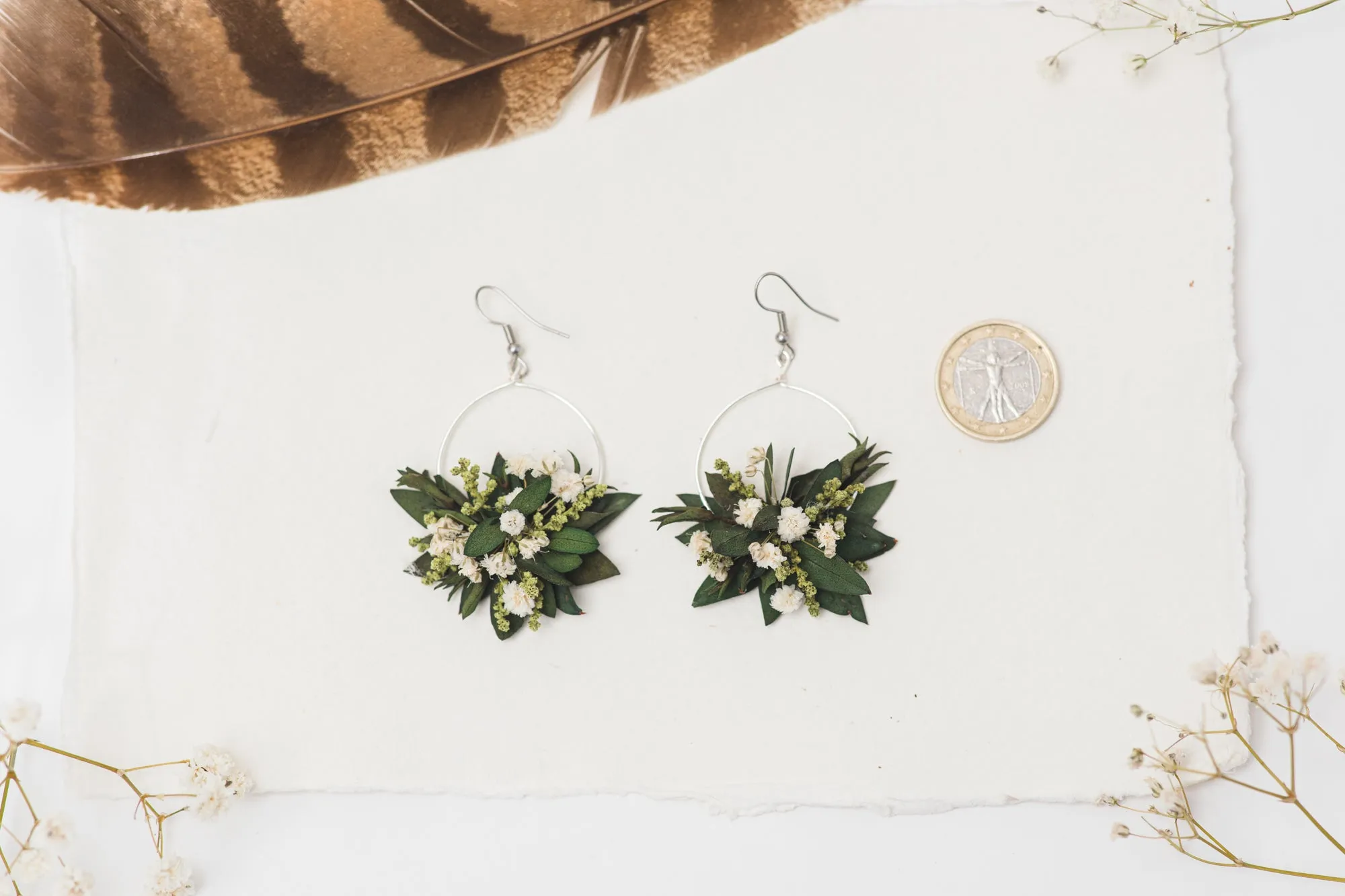 Greenery wedding circle dangle earrings Flower baby's breath silver earrings for bride Dried flowers Magaela handmade 2021