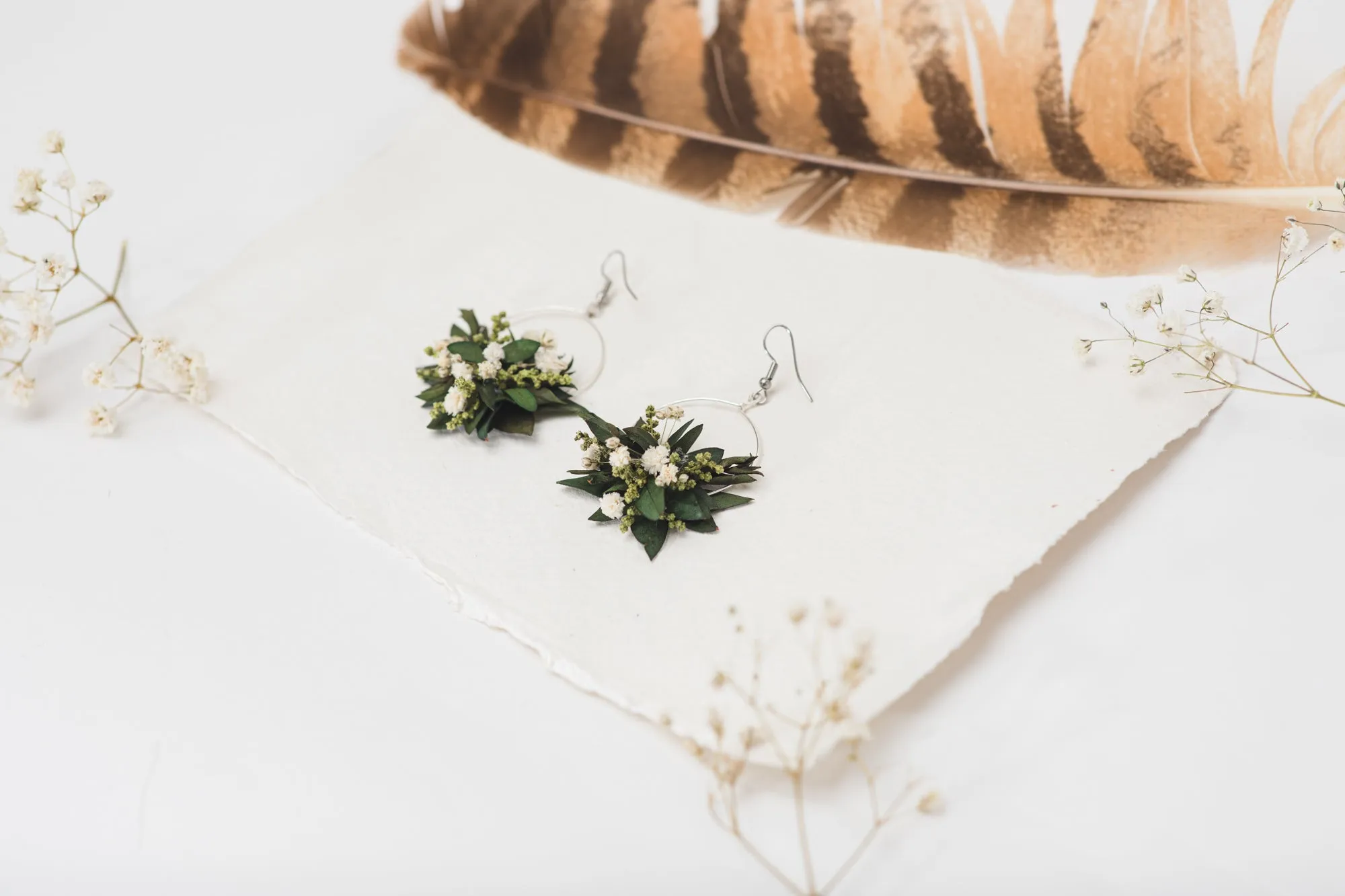 Greenery wedding circle dangle earrings Flower baby's breath silver earrings for bride Dried flowers Magaela handmade 2021