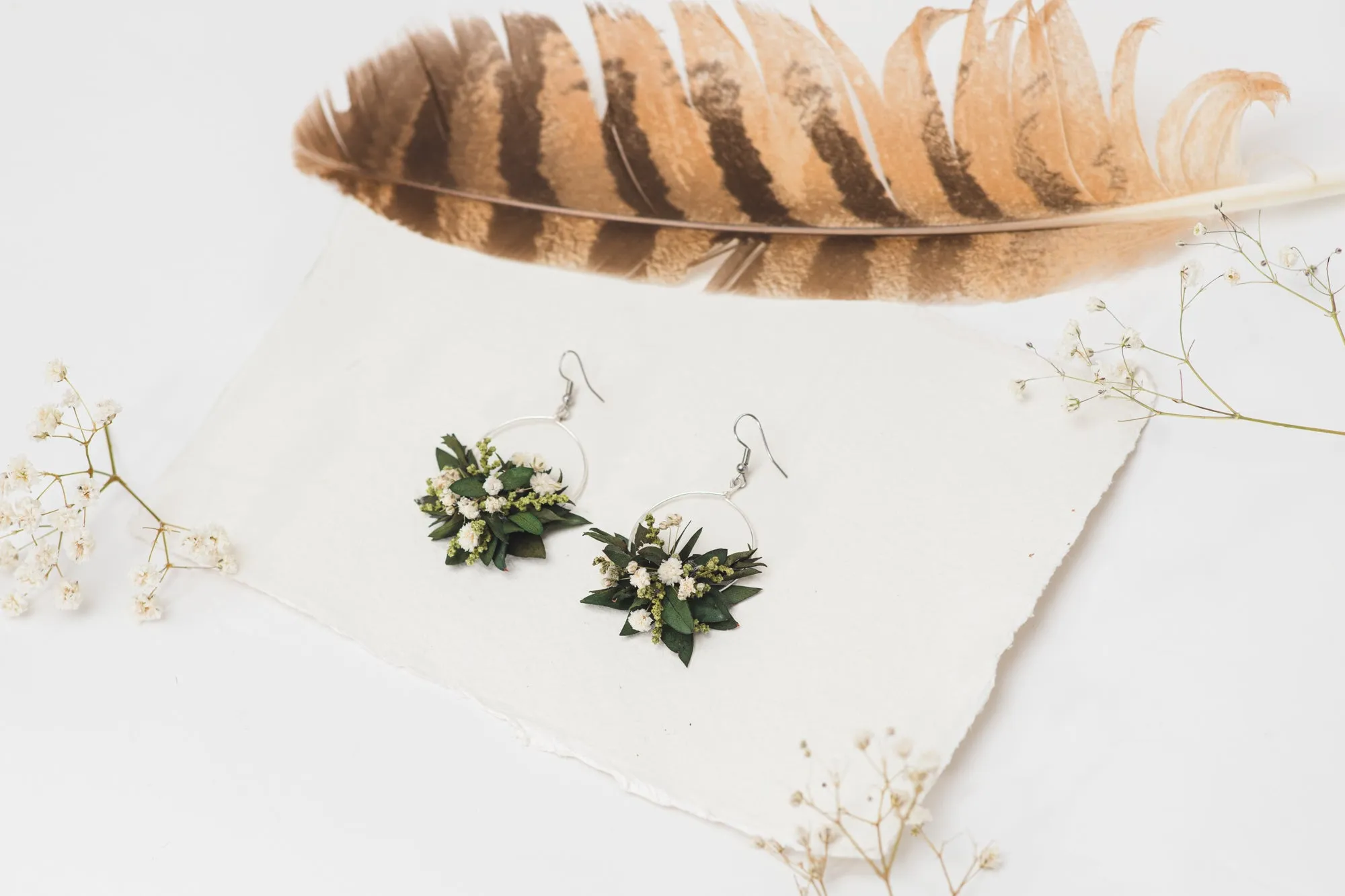 Greenery wedding circle dangle earrings Flower baby's breath silver earrings for bride Dried flowers Magaela handmade 2021