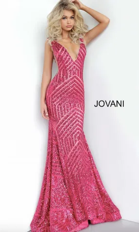 Jovani Plunging Neckline Open Back Cut Out Sequins Gown