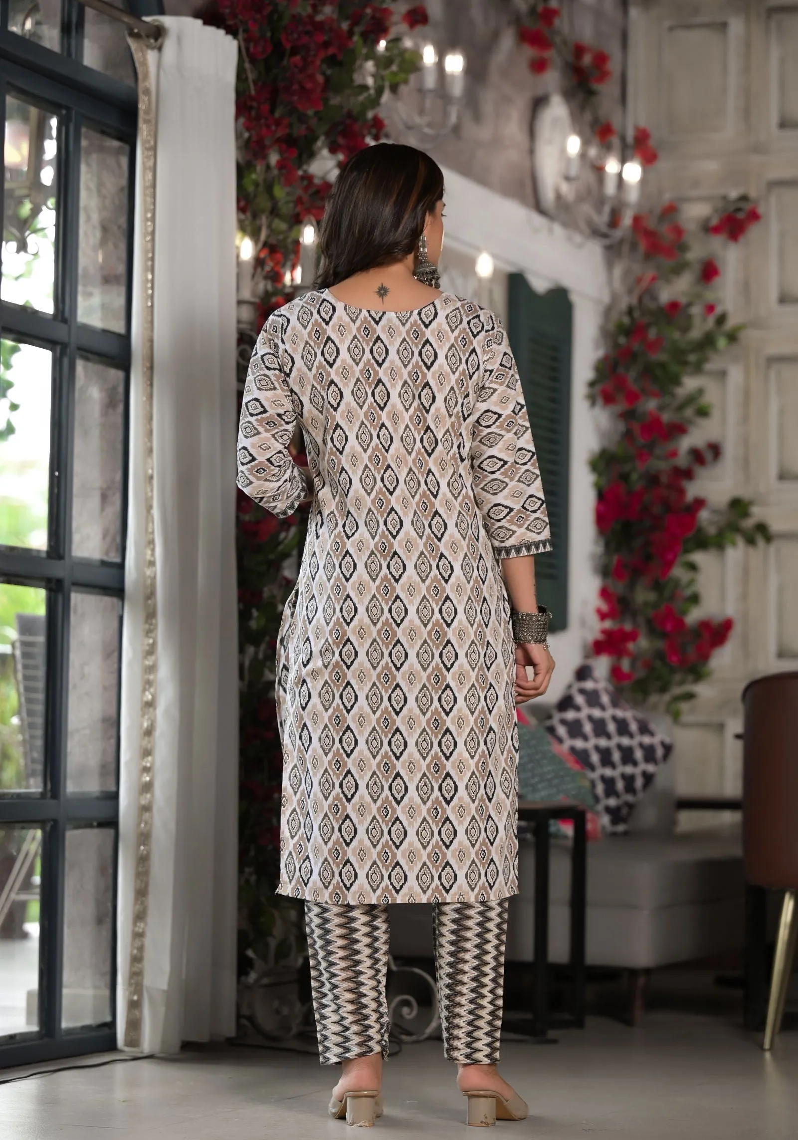 Juniper Black Ikat Printed Cotton Kurta, Pant And Dupatta Set With Mirror & Thread Work
