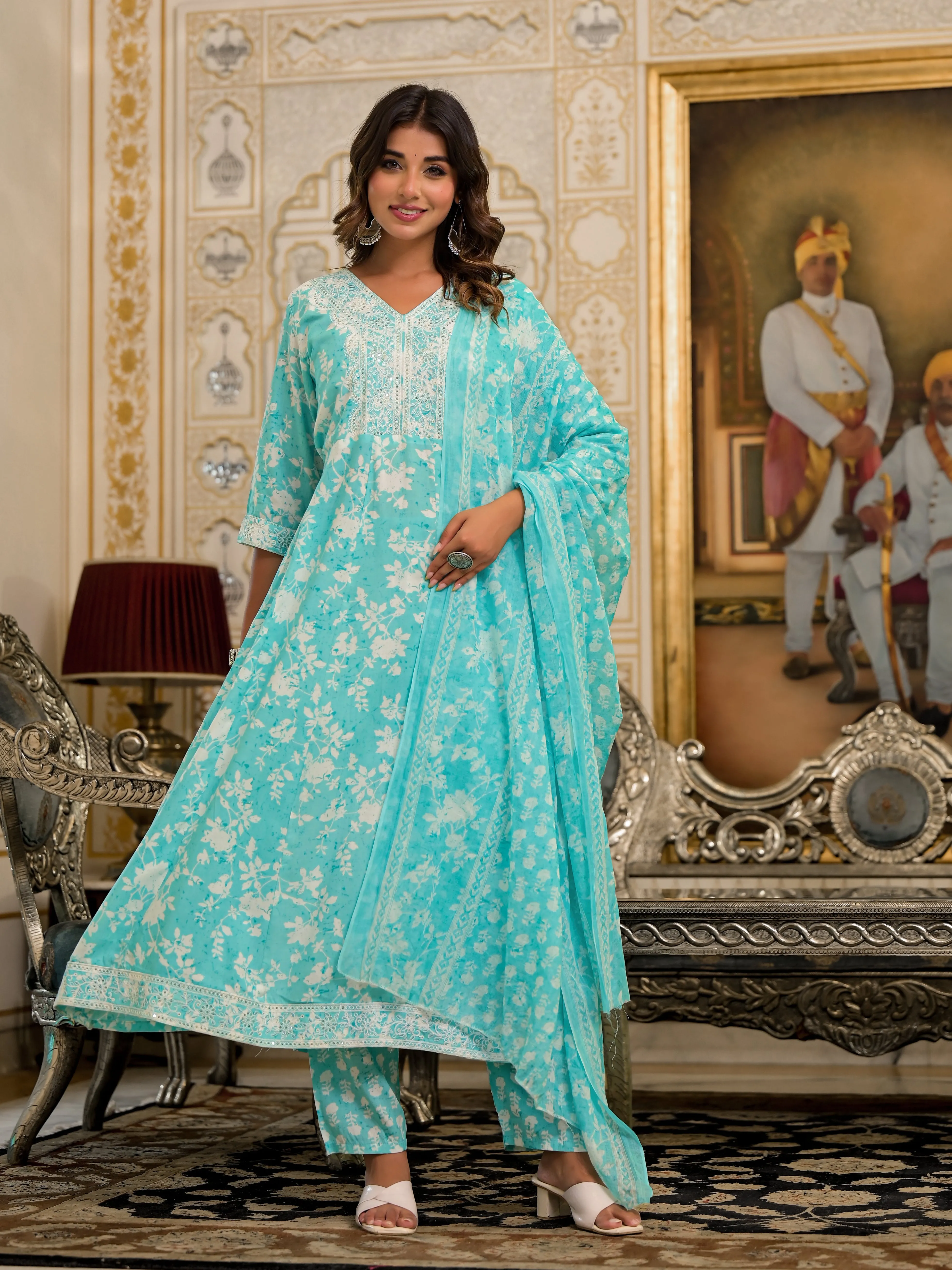 Juniper Green Floral Printed Rayon Kurta, Pant And Dupatta Set With Thread & Sequins Work