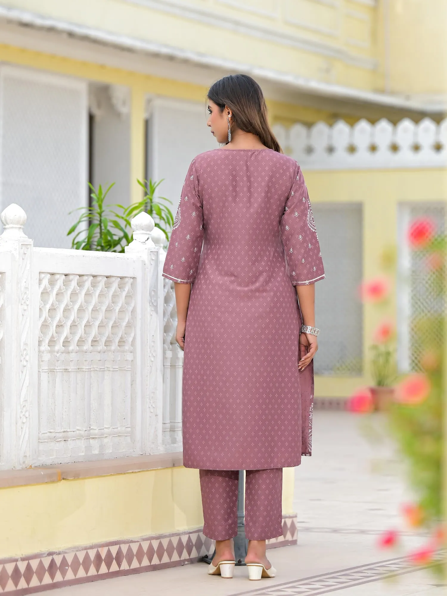 Juniper Onion Pink Ethnic Motif Printed Viscose Kurta, Pant And Dupatta Set With Gotta Patti Work