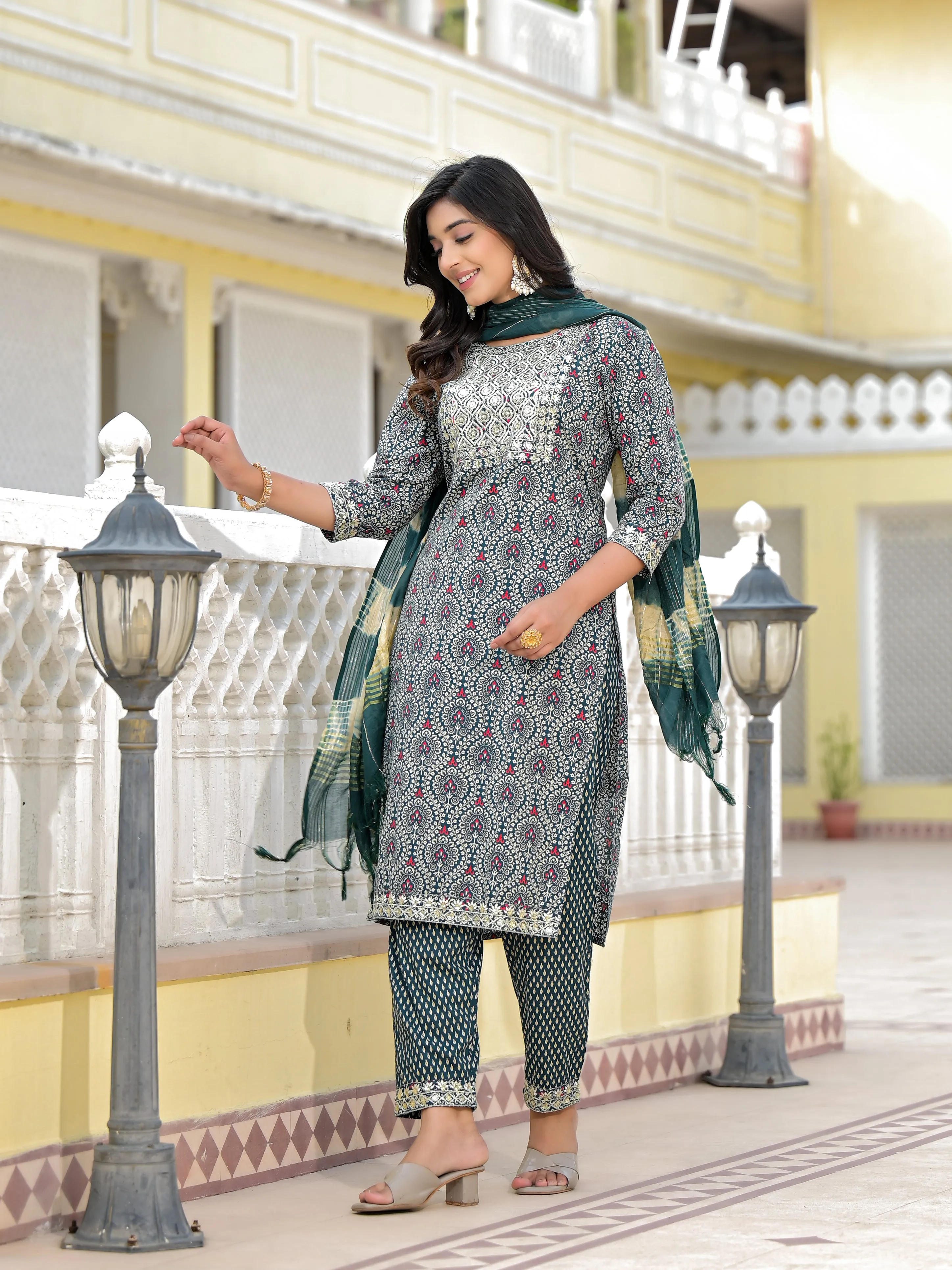 Juniper Teal Ethnic Motif Printed Cotton Kurta, Pant And Dupatta Set With Zari Work & Sequins
