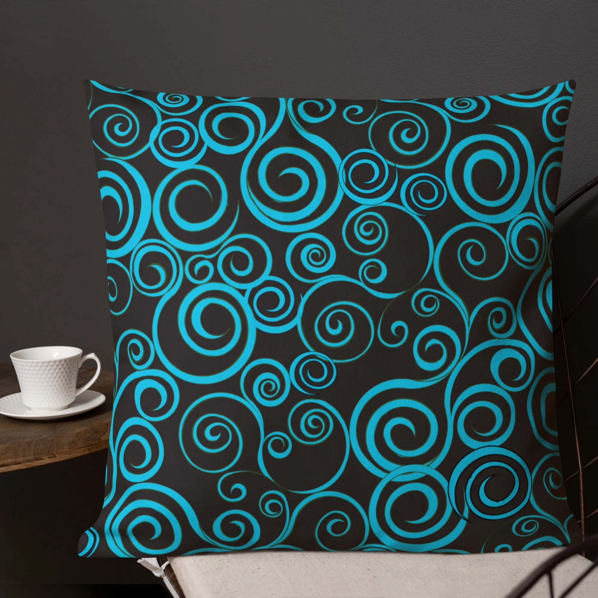 Large Blue Spiral on Black Premium Pillow 3 sizes available