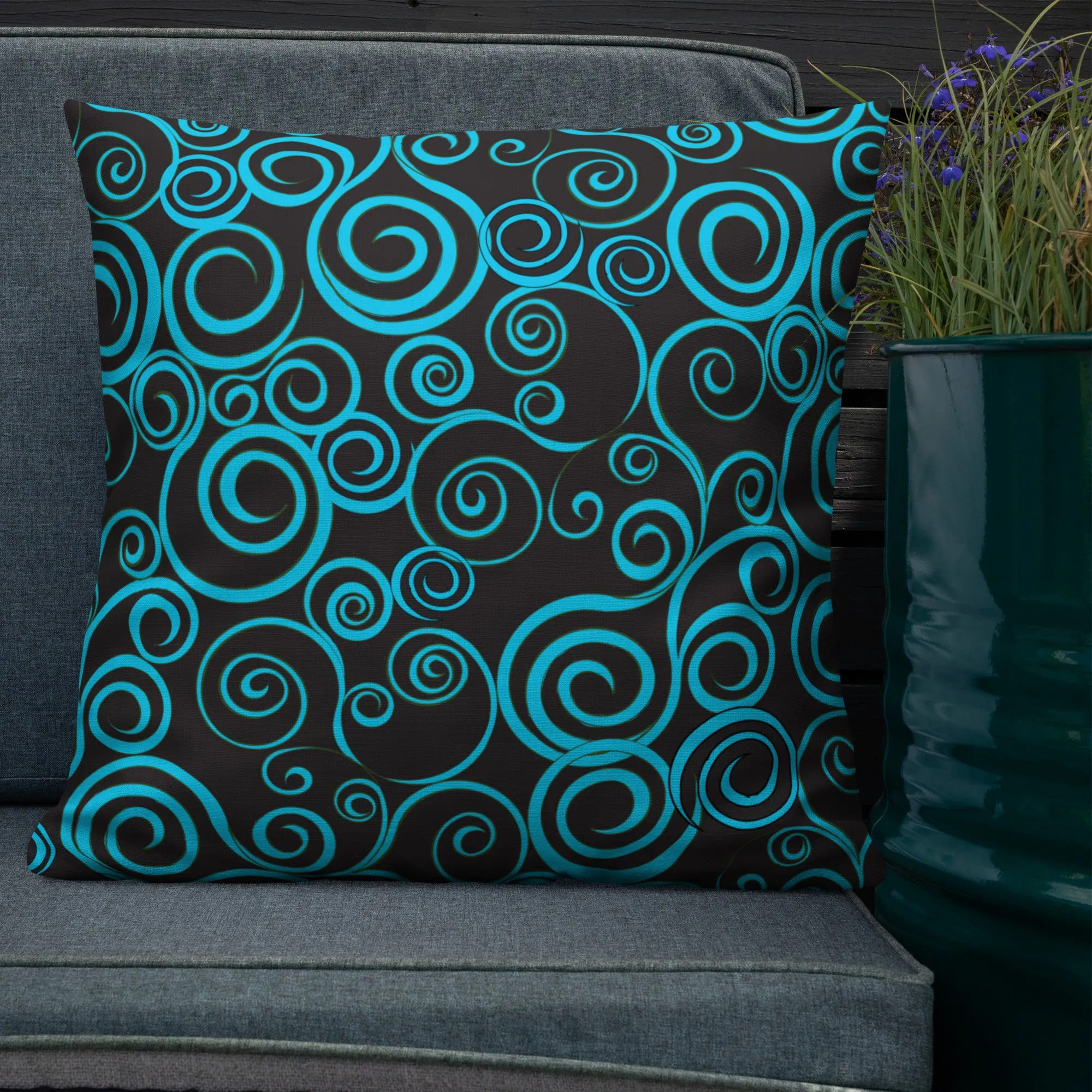 Large Blue Spiral on Black Premium Pillow 3 sizes available