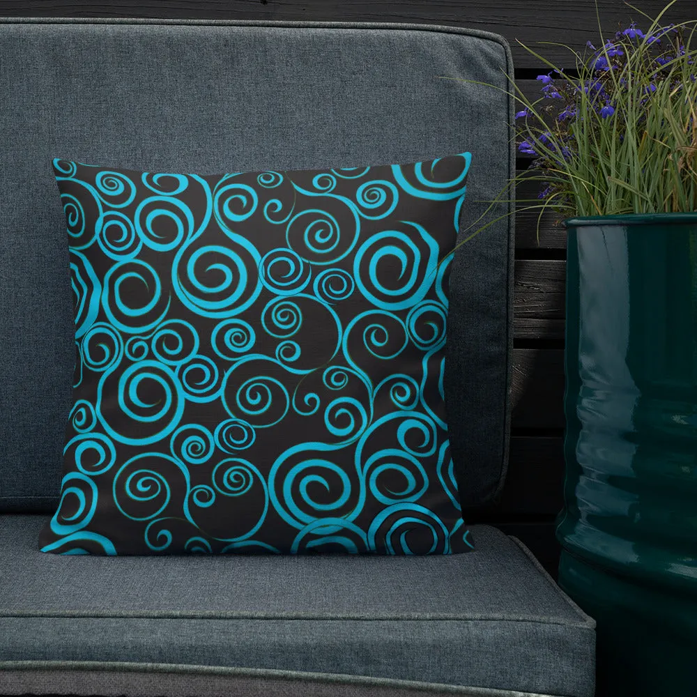 Large Blue Spiral on Black Premium Pillow 3 sizes available