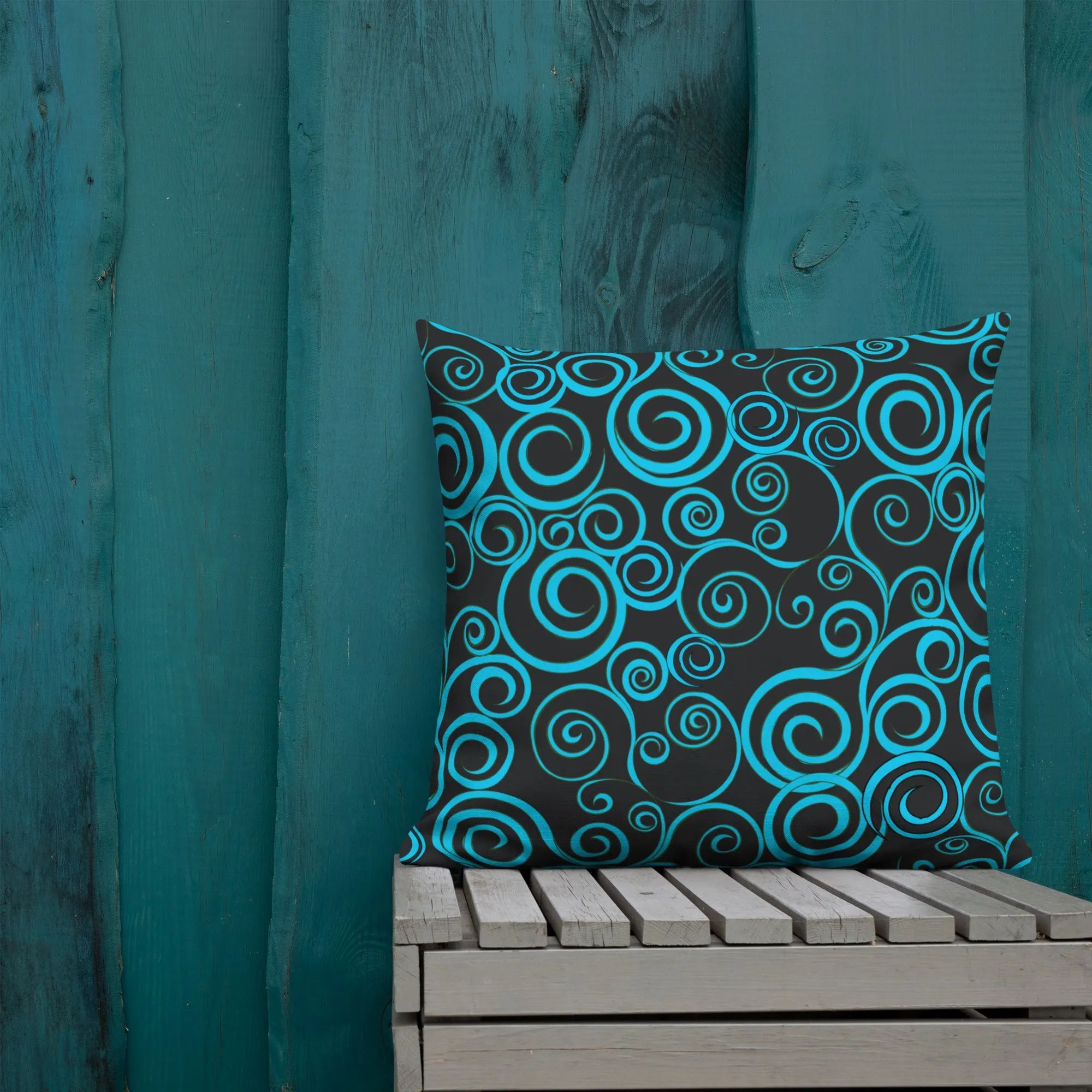 Large Blue Spiral on Black Premium Pillow 3 sizes available