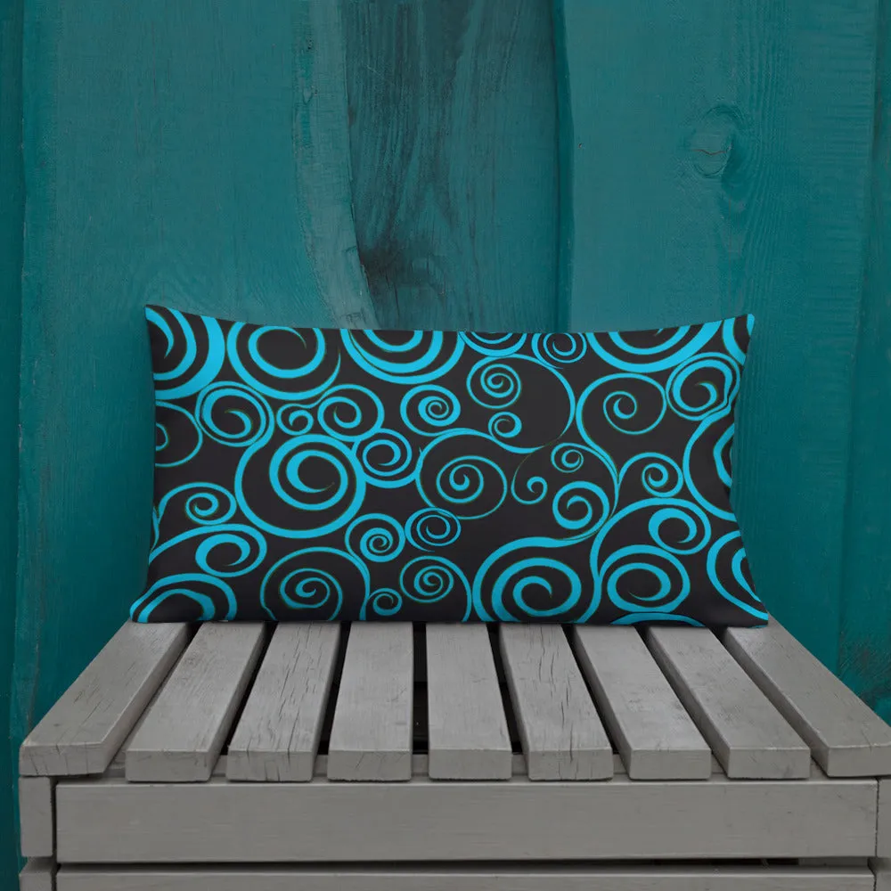 Large Blue Spiral on Black Premium Pillow 3 sizes available