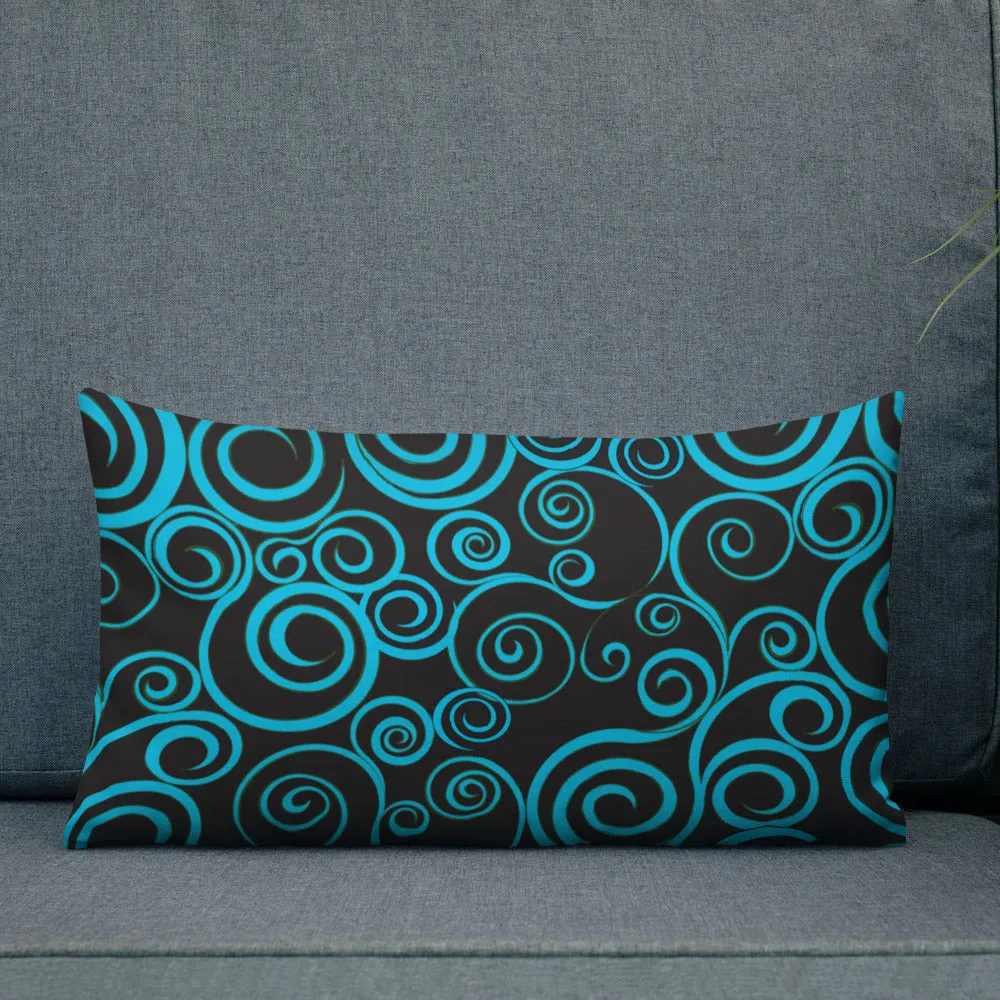 Large Blue Spiral on Black Premium Pillow 3 sizes available