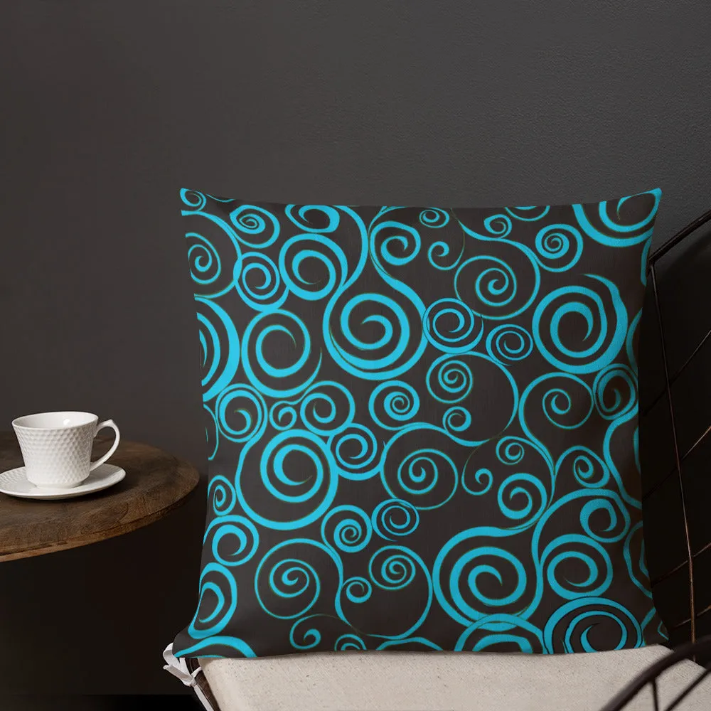 Large Blue Spiral on Black Premium Pillow 3 sizes available