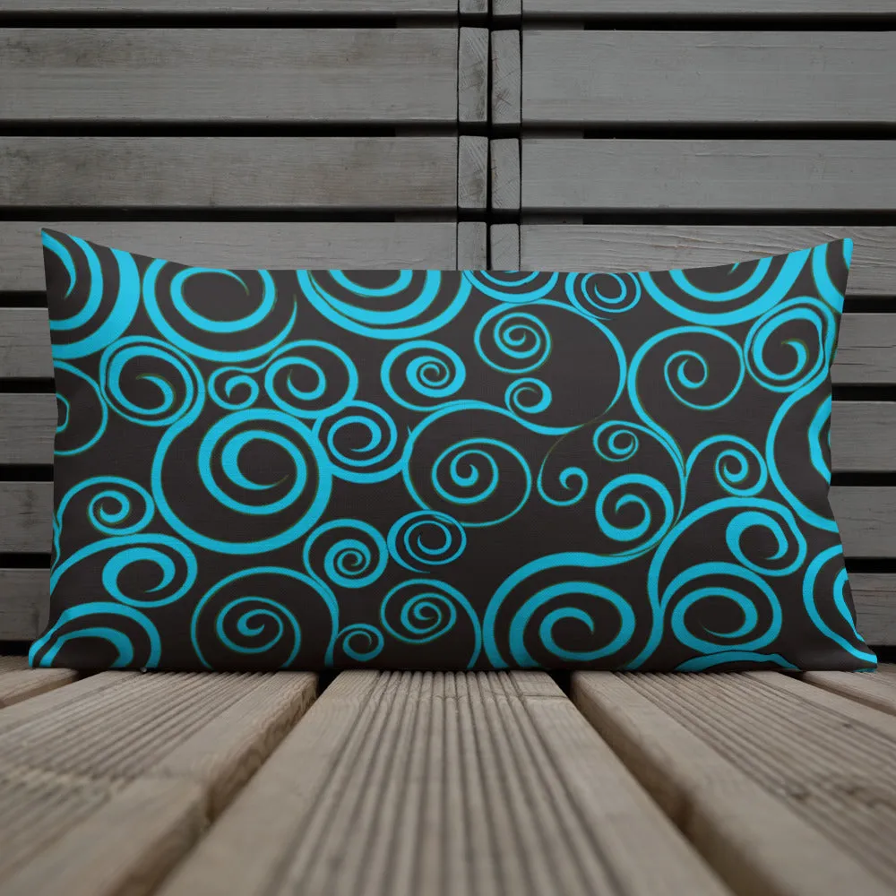 Large Blue Spiral on Black Premium Pillow 3 sizes available