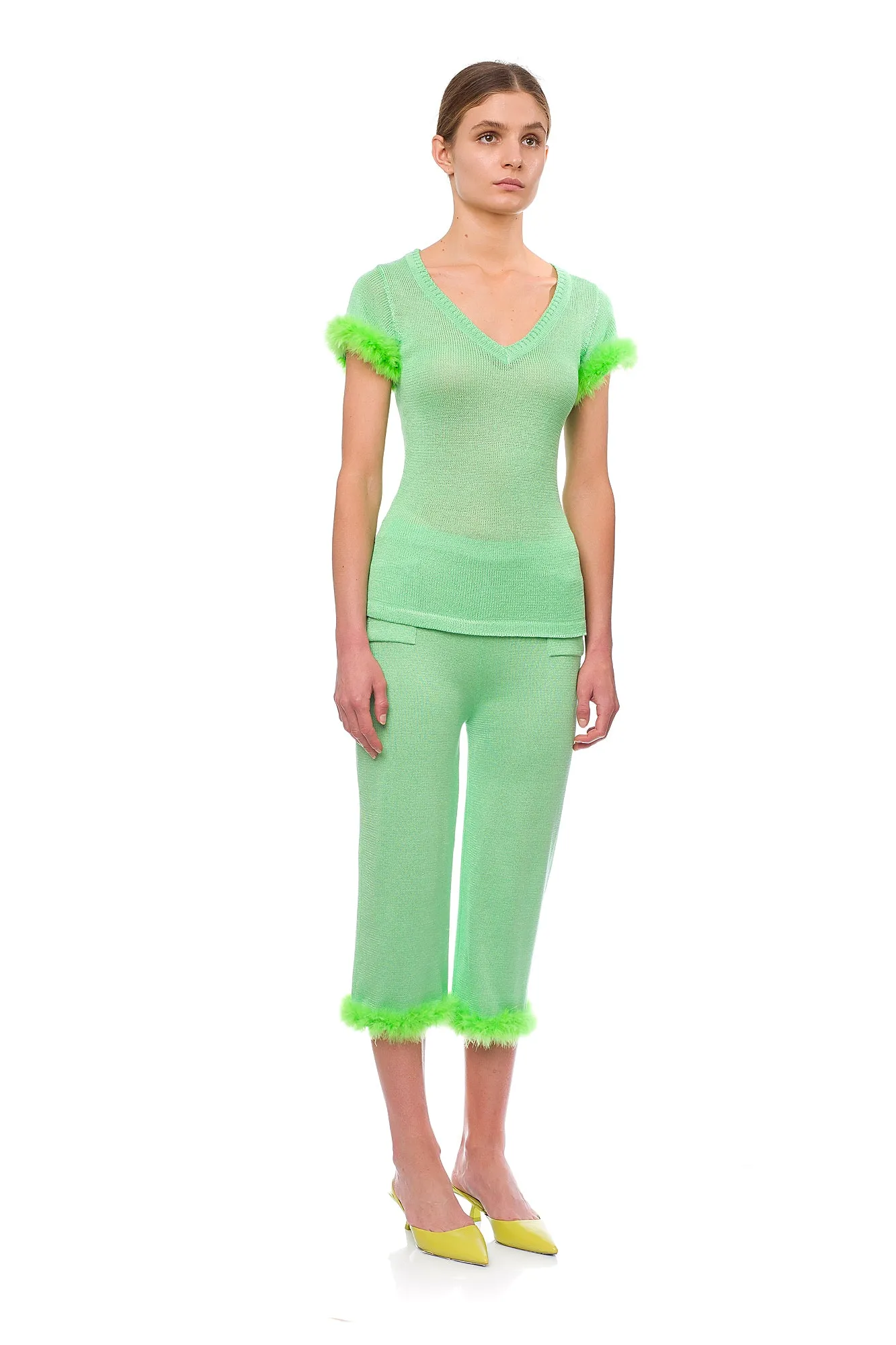 Mint knit pants with feather details