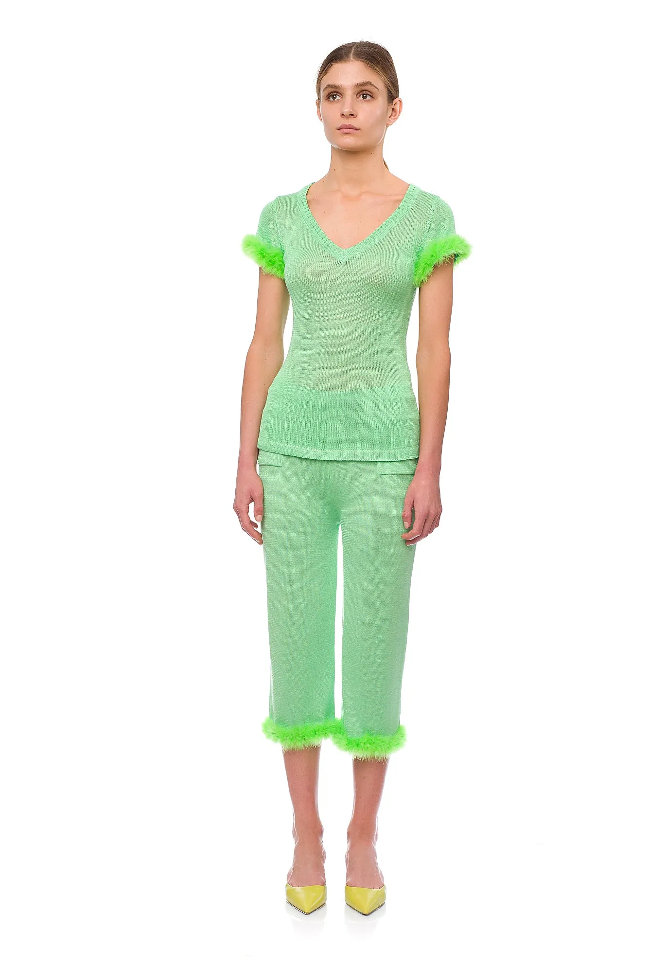 Mint knit pants with feather details