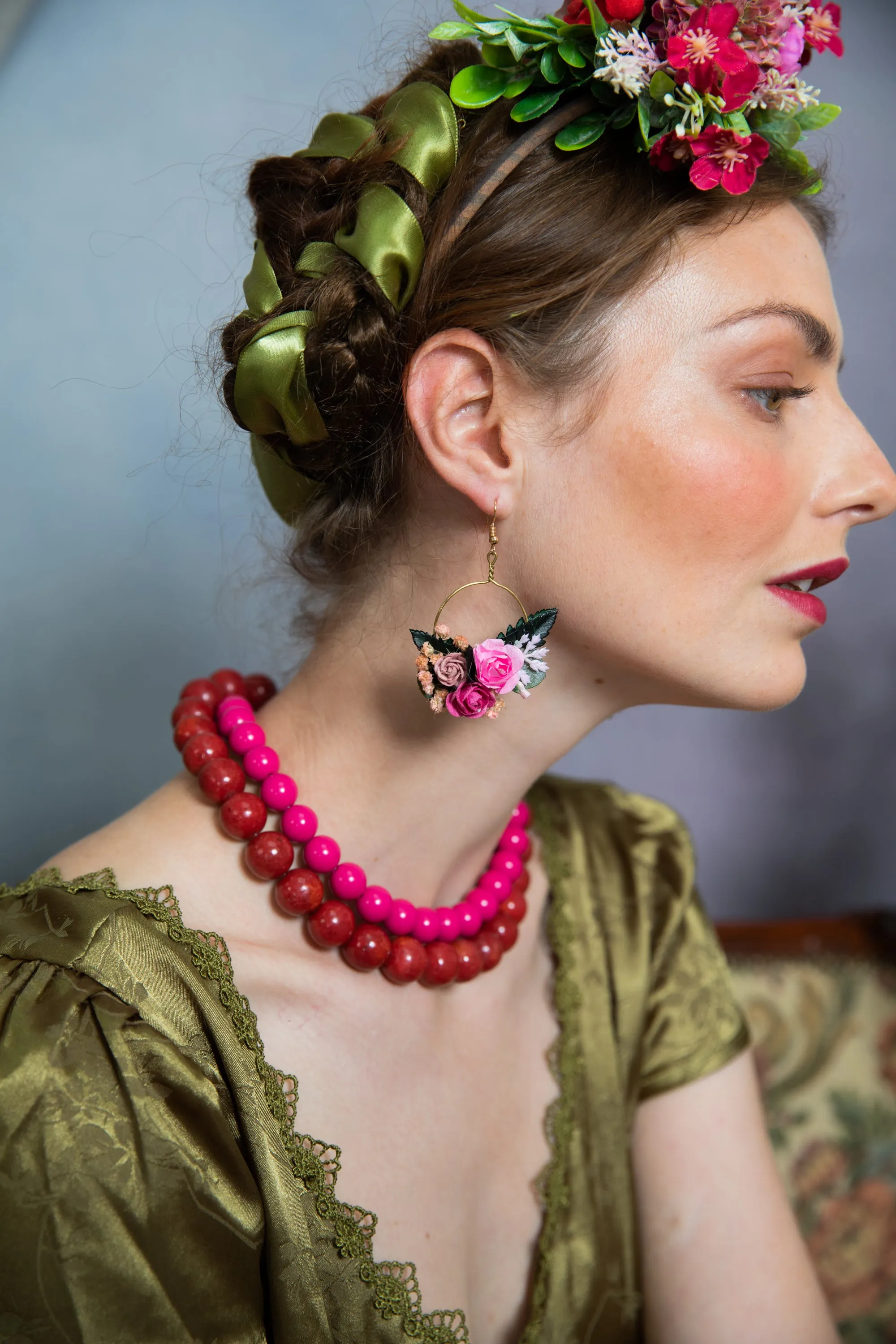 Pink circle flower earrings