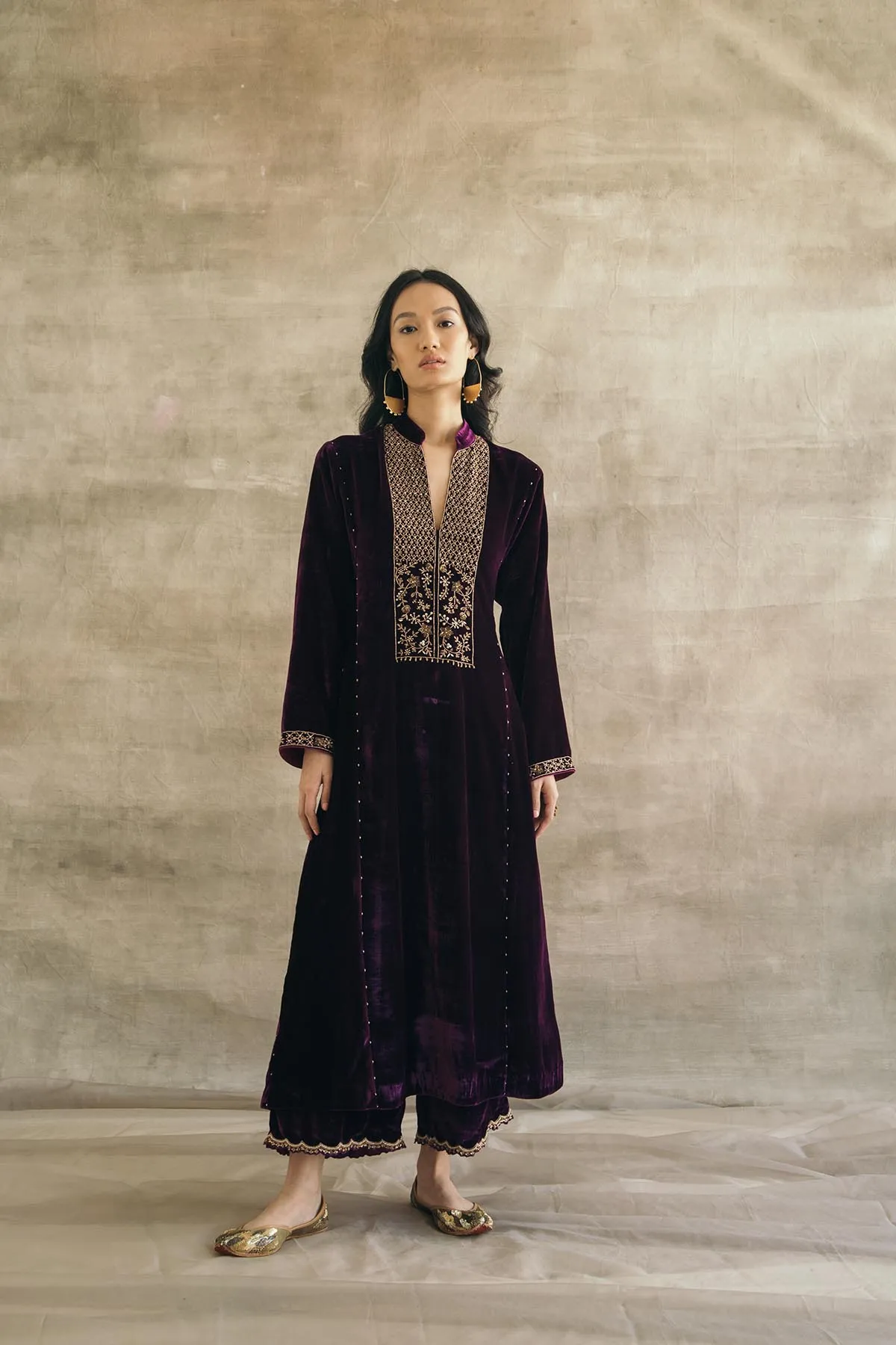 Plum Kalidaar Velvet Kurta Set - Light