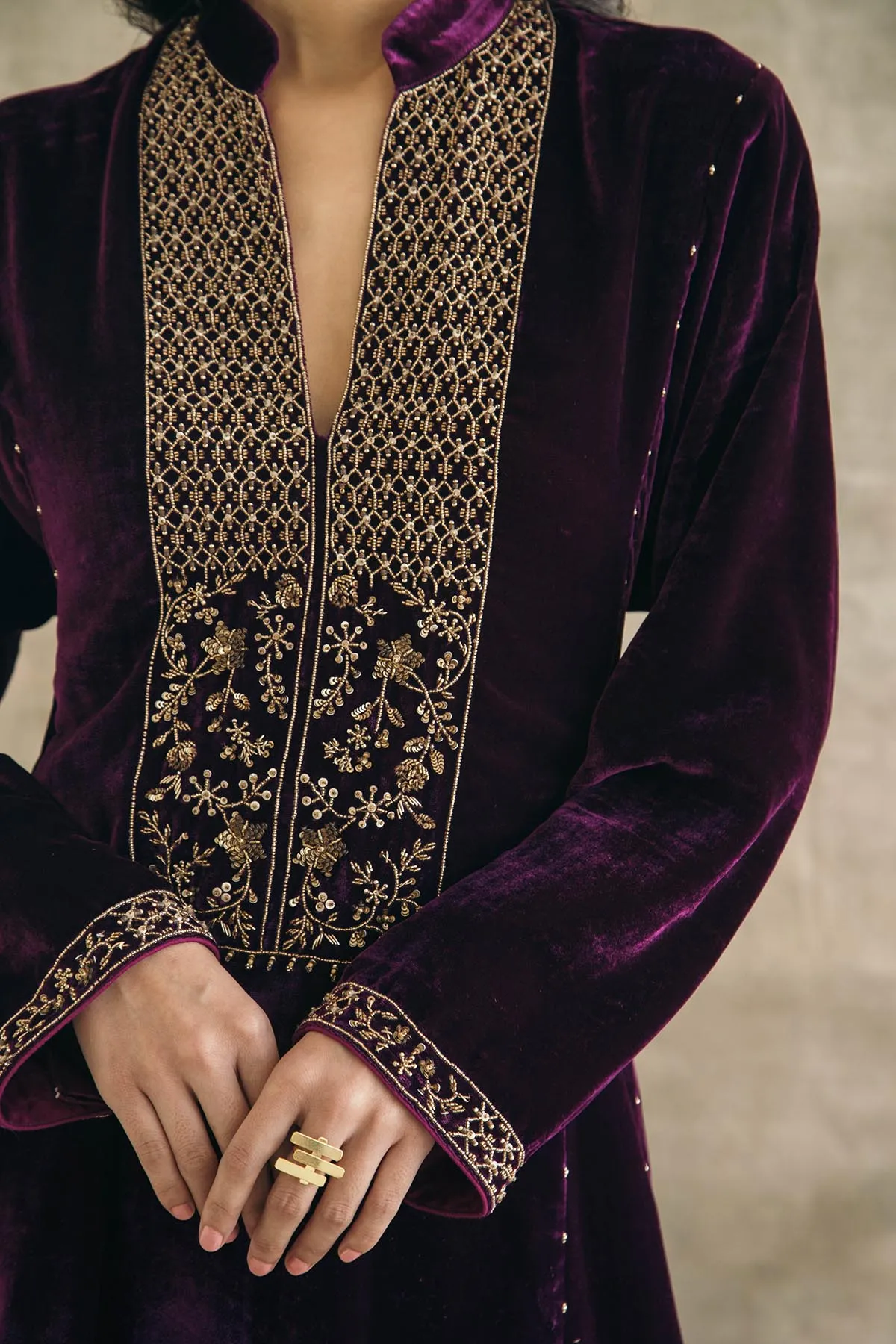 Plum Kalidaar Velvet Kurta Set - Light
