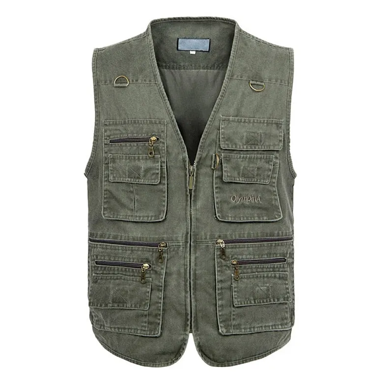 Summer Men's Casual Sleeveless Vest Multi Pocket Cotton Waistcoat Cargo Vest Military Sleeveless Jacket Coat