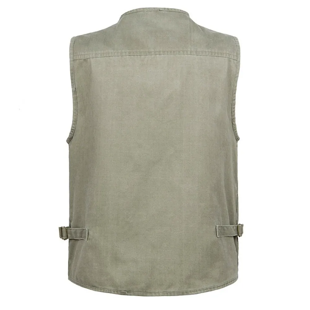 Summer Men's Casual Sleeveless Vest Multi Pocket Cotton Waistcoat Cargo Vest Military Sleeveless Jacket Coat