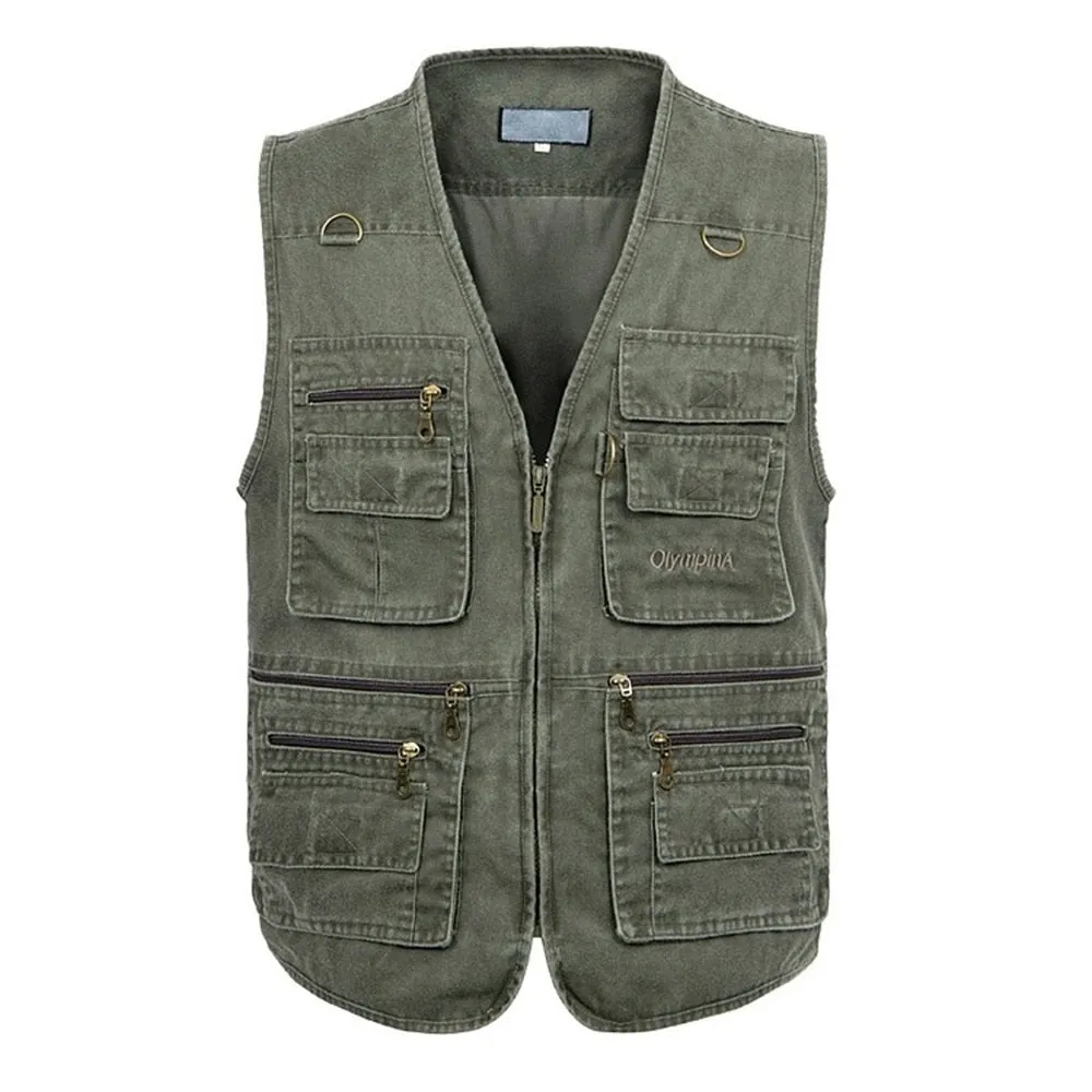 Summer Men's Casual Sleeveless Vest Multi Pocket Cotton Waistcoat Cargo Vest Military Sleeveless Jacket Coat