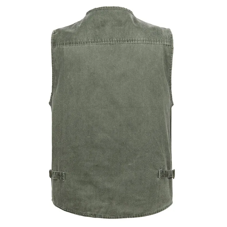 Summer Men's Casual Sleeveless Vest Multi Pocket Cotton Waistcoat Cargo Vest Military Sleeveless Jacket Coat