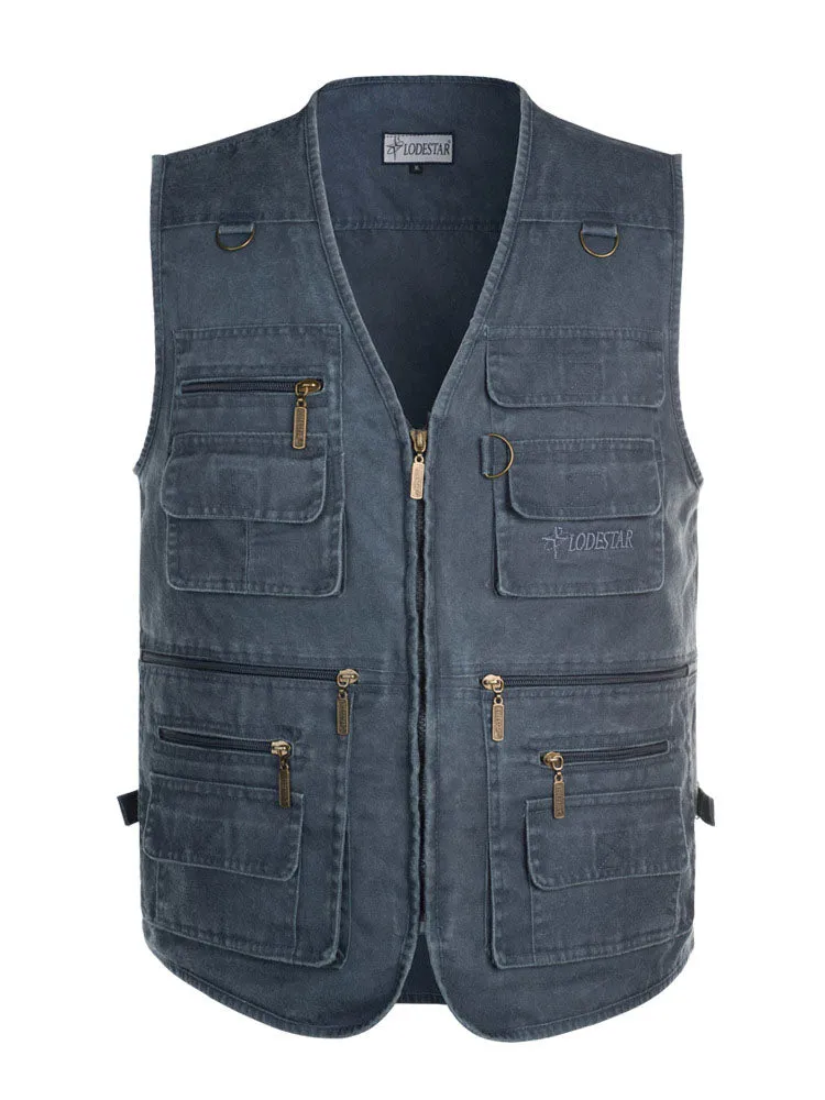 Summer Men's Casual Sleeveless Vest Multi Pocket Cotton Waistcoat Cargo Vest Military Sleeveless Jacket Coat