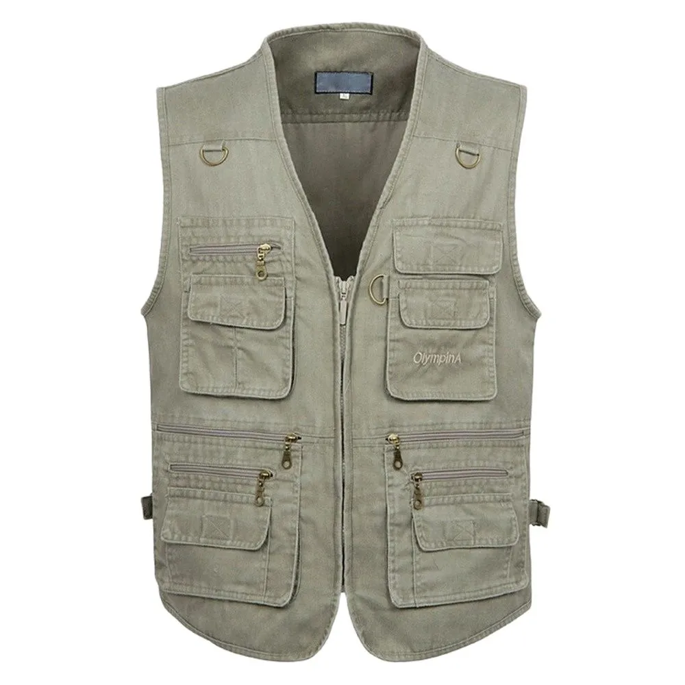Summer Men's Casual Sleeveless Vest Multi Pocket Cotton Waistcoat Cargo Vest Military Sleeveless Jacket Coat