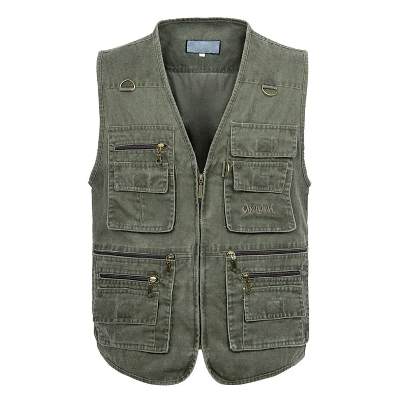 Summer Men's Casual Sleeveless Vest Multi Pocket Cotton Waistcoat Cargo Vest Military Sleeveless Jacket Coat