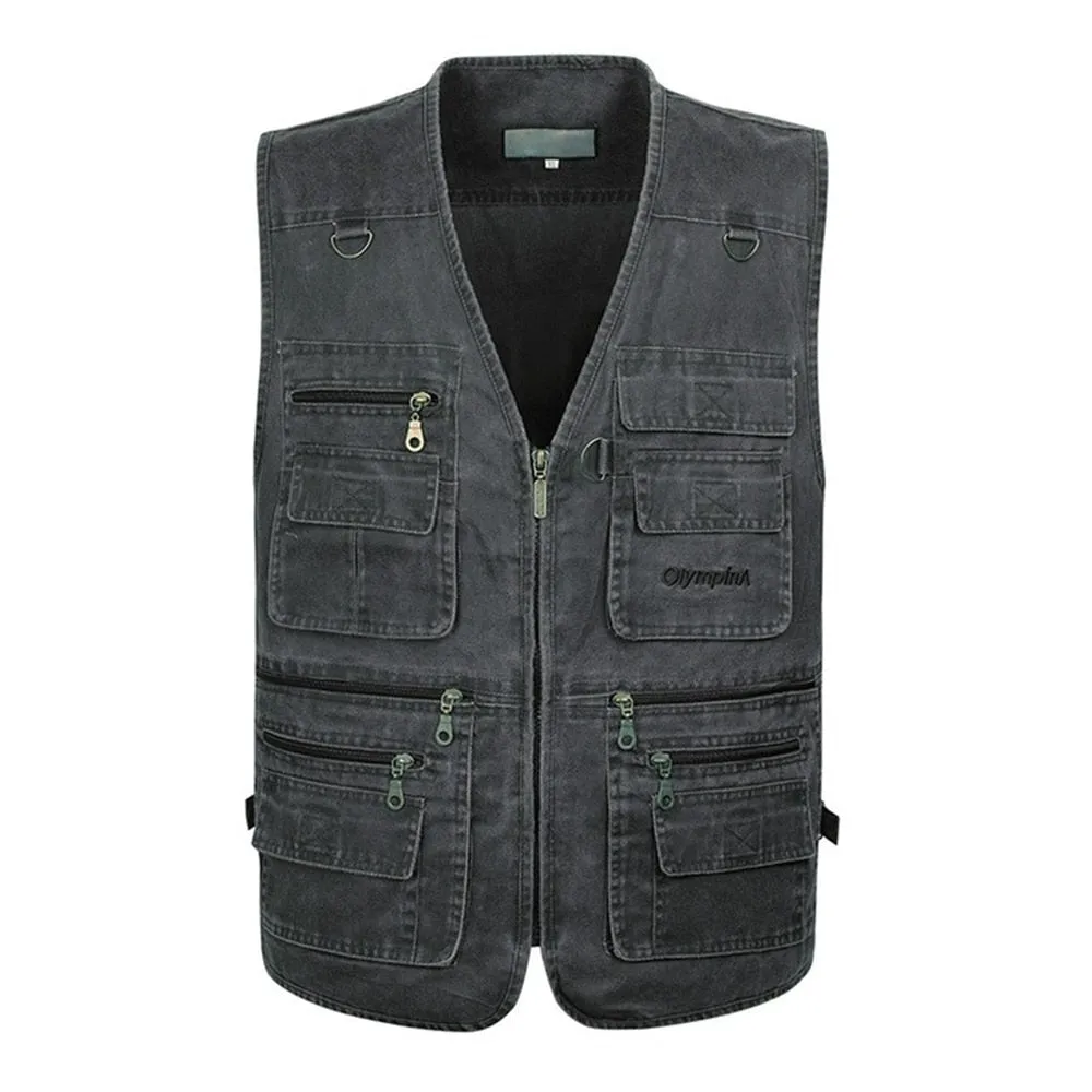 Summer Men's Casual Sleeveless Vest Multi Pocket Cotton Waistcoat Cargo Vest Military Sleeveless Jacket Coat