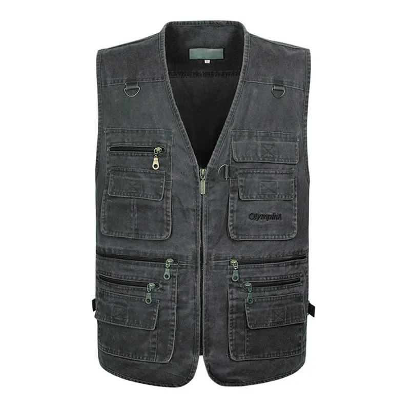 Summer Men's Casual Sleeveless Vest Multi Pocket Cotton Waistcoat Cargo Vest Military Sleeveless Jacket Coat