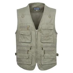 Summer Men's Casual Sleeveless Vest Multi Pocket Cotton Waistcoat Cargo Vest Military Sleeveless Jacket Coat